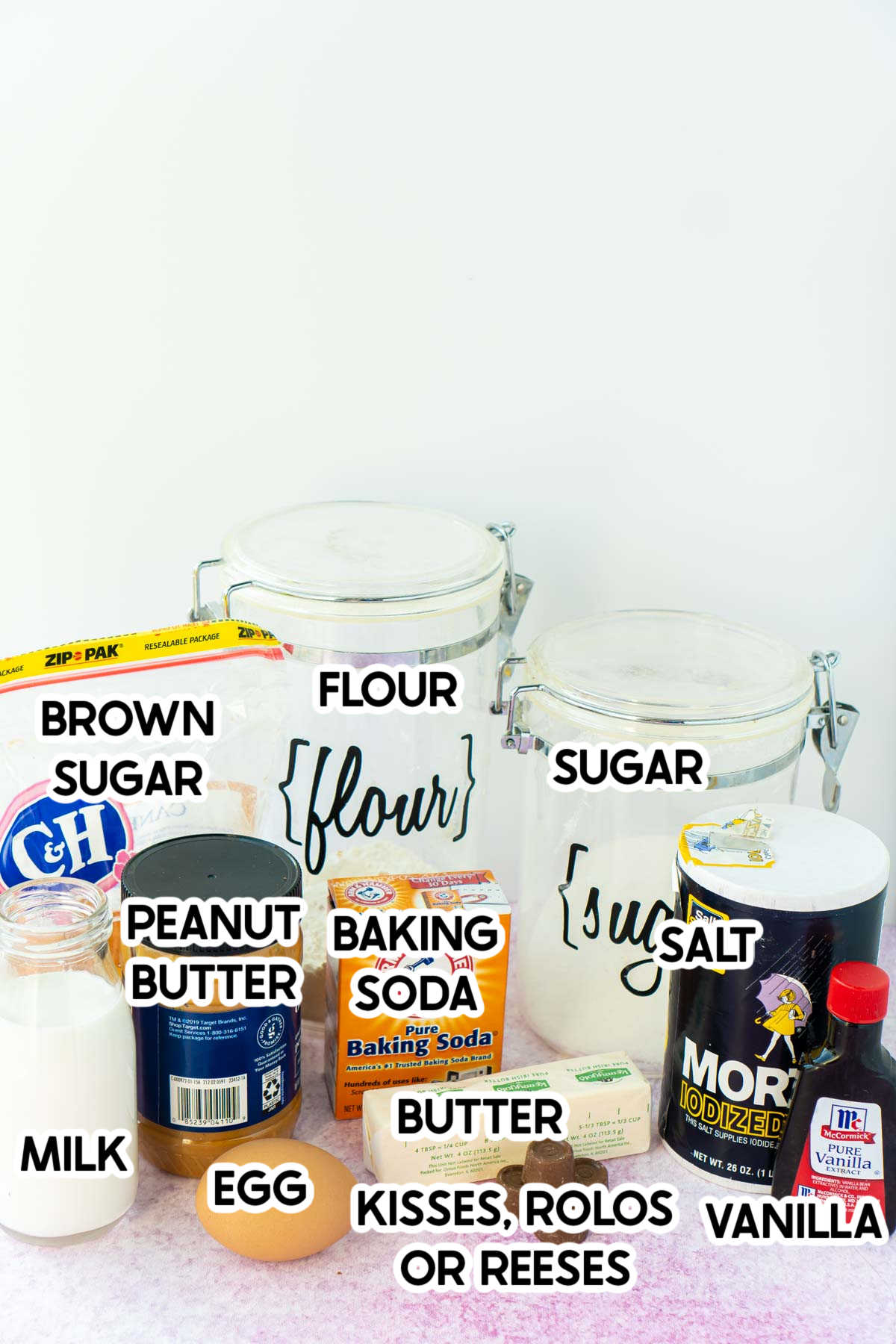 Ingredients for peanut butter blossoms with labels