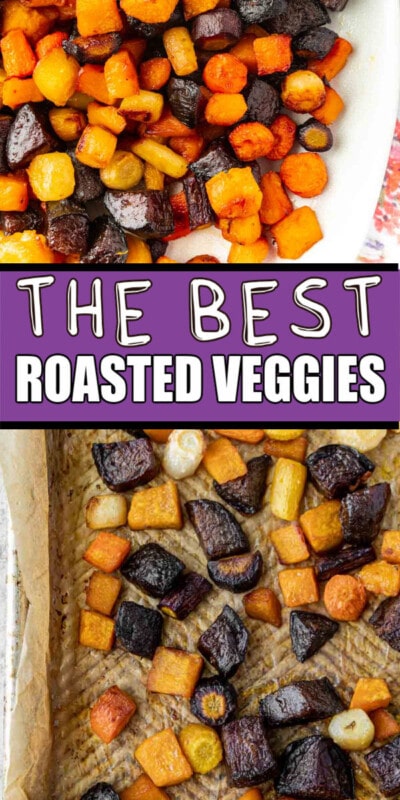 Roasted root vegetables on a sheet pan with text for Pinterest