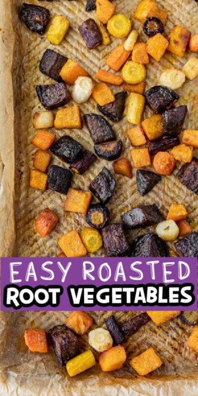 Roasted root vegetables on a sheet pan with text for Pinterest