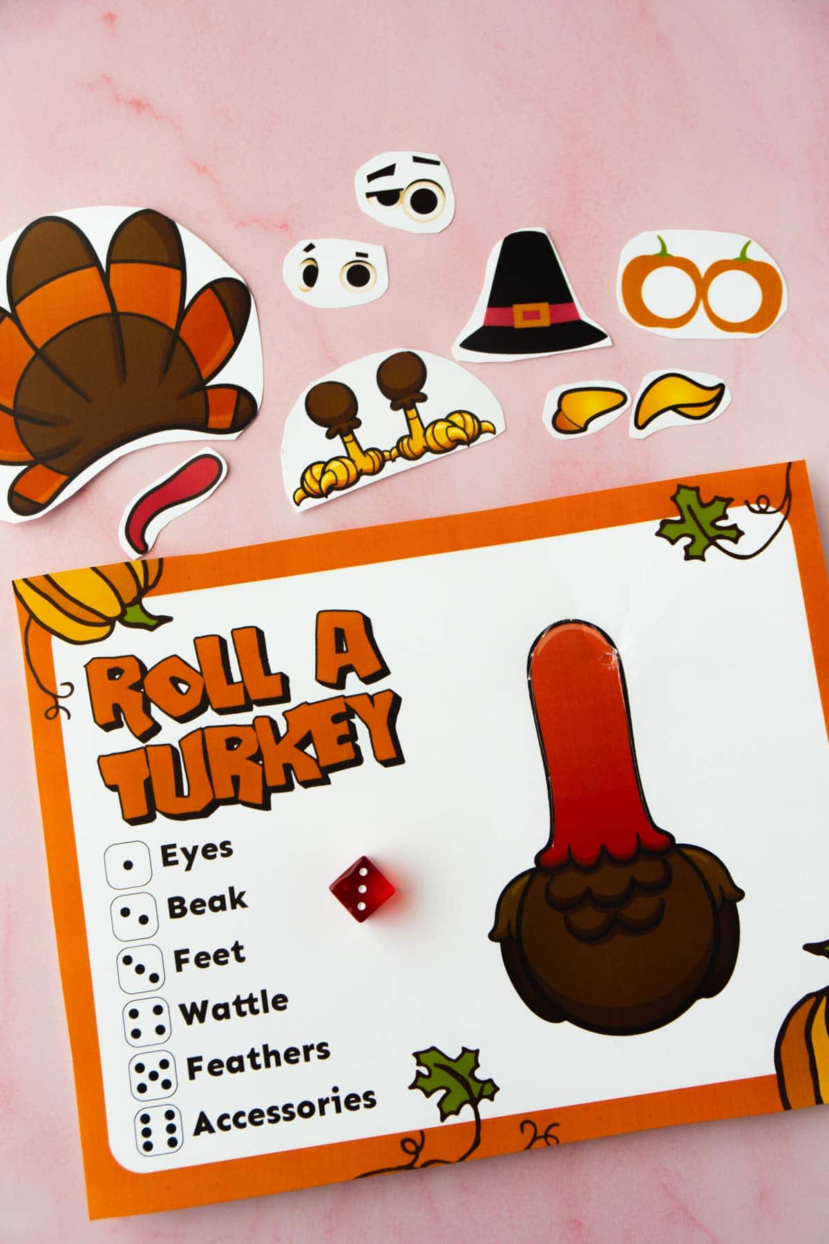 Roll a turkey game with pieces cut out 
