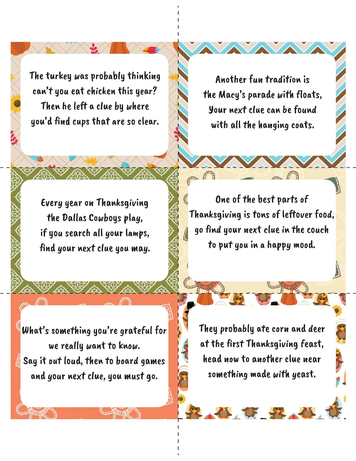 Thanksgiving scavenger hunt cards