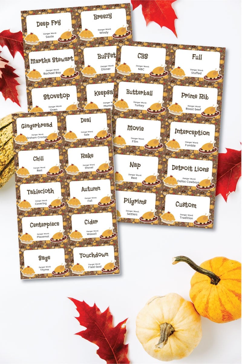 Three sheets of Thanksgiving danger words with pumpkins and leaves