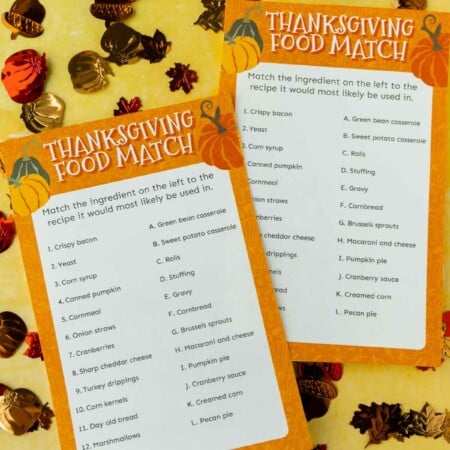 Printed out Thanksgiving matching game with fall confetti all around