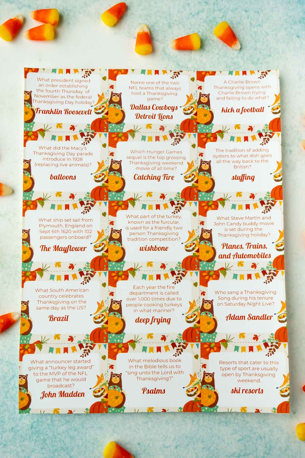 A sheet of Thanksgiving trivia cards