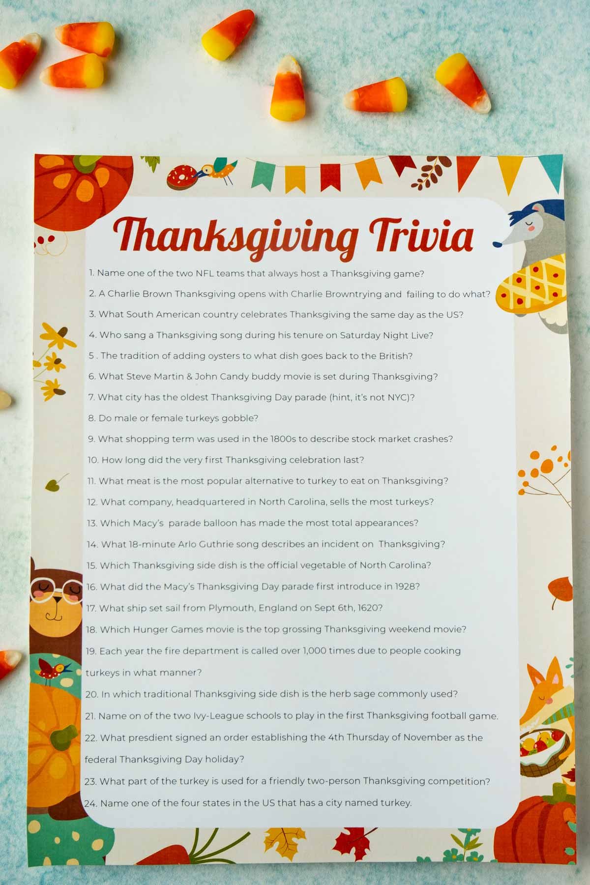 A printed out sheet of Thanksgiving trivia questions