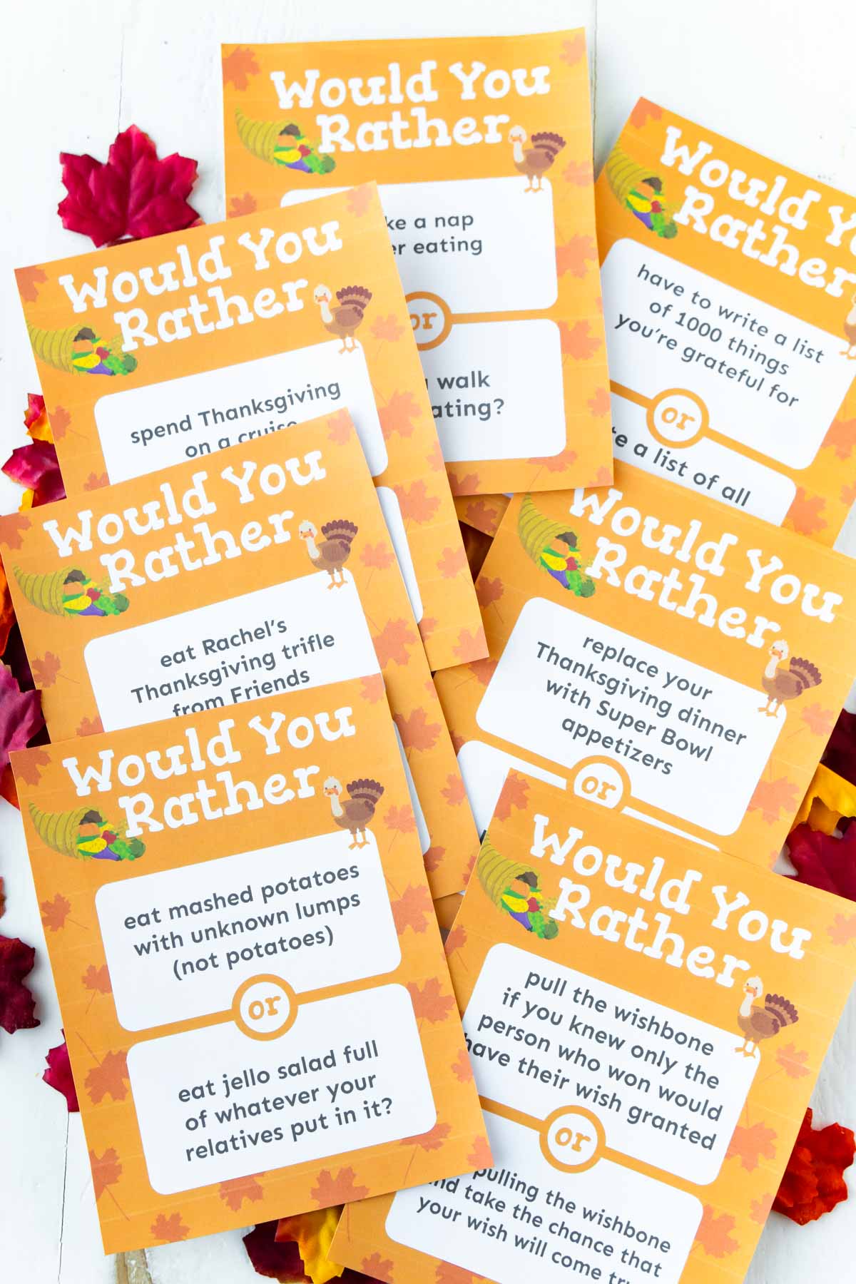 A set of printed out Thanksgiving would you rather questions