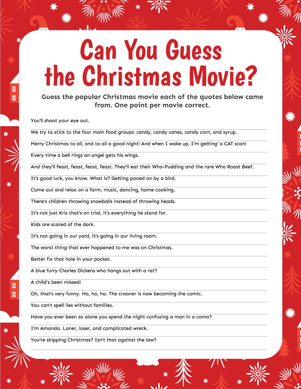 Christmas movie trivia game with a red border