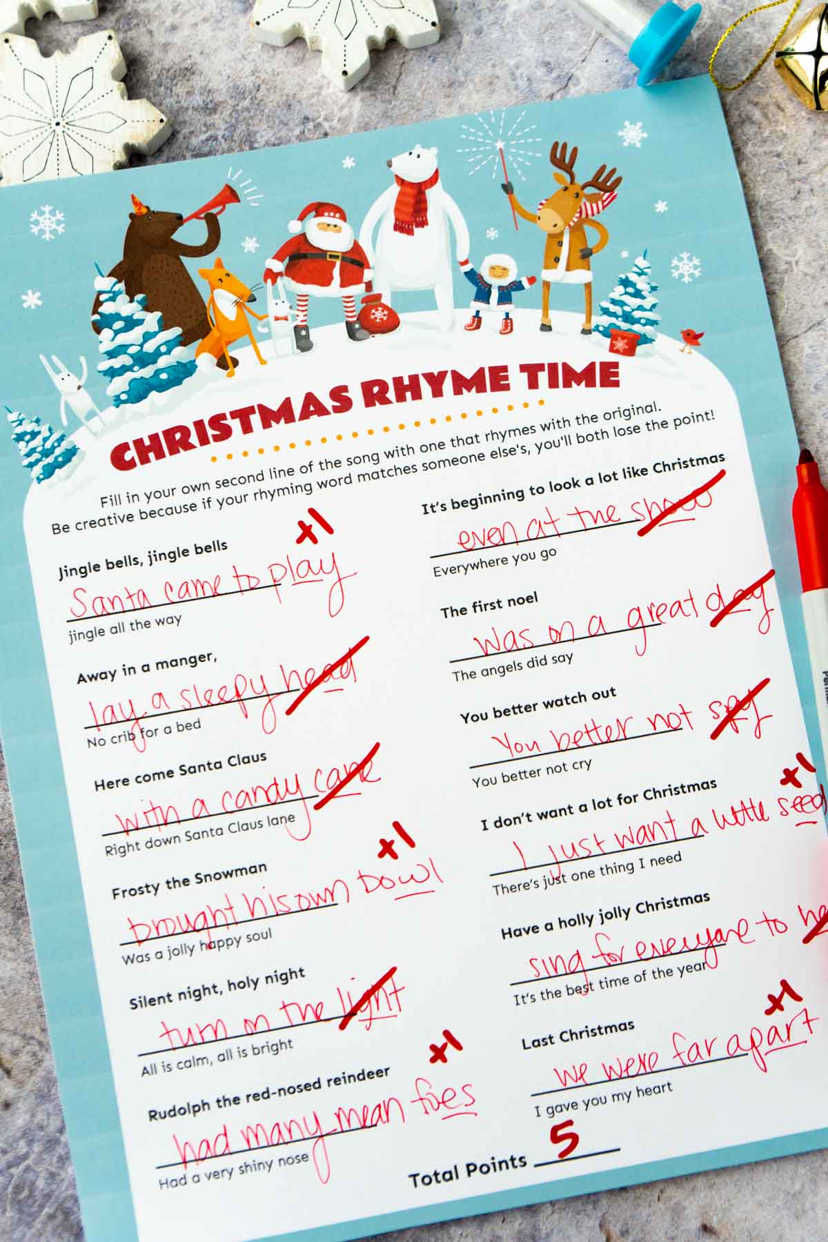 Christmas rhyme game with questions crossed off