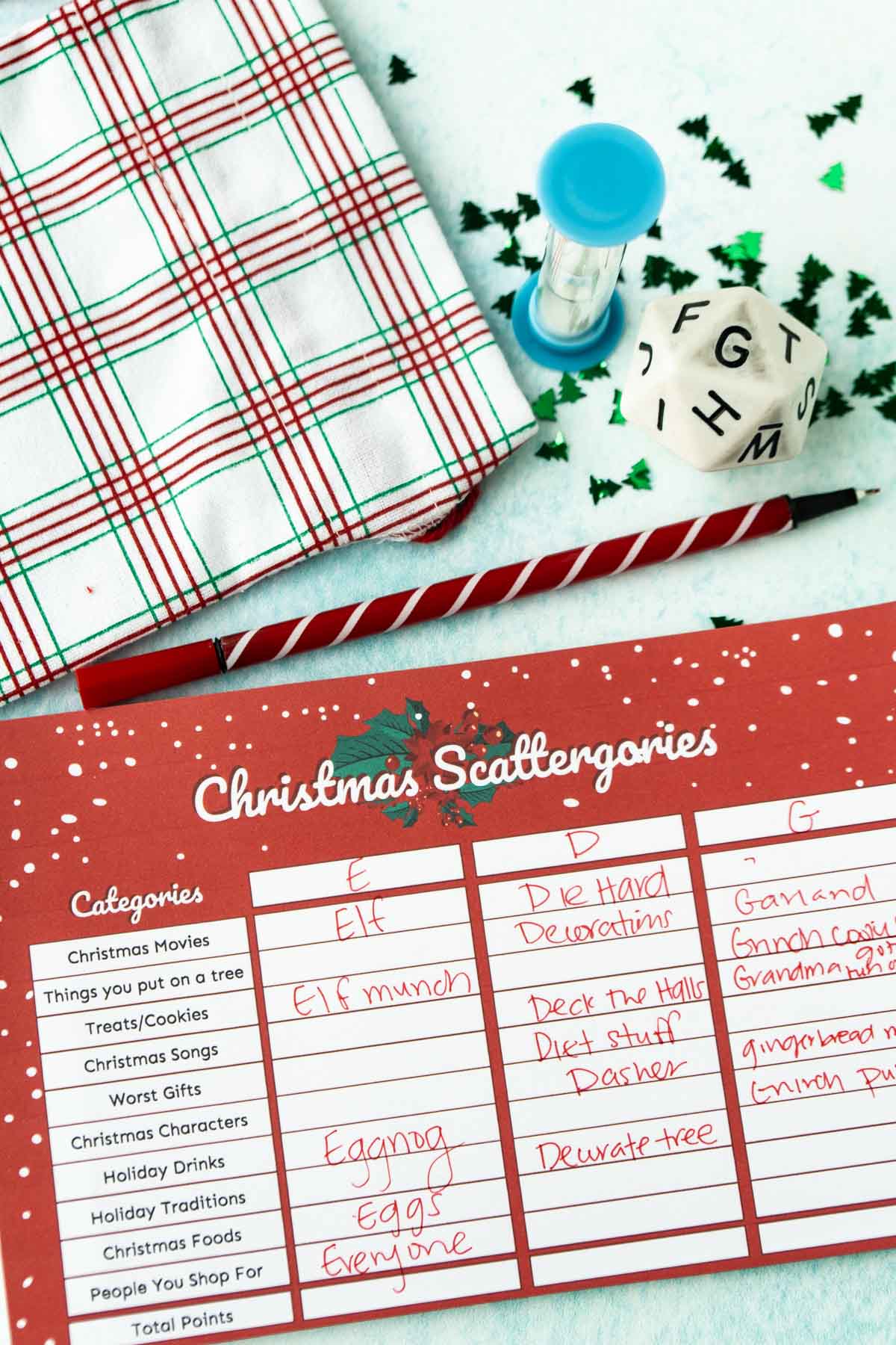 Christmas Scattergories card with answers written