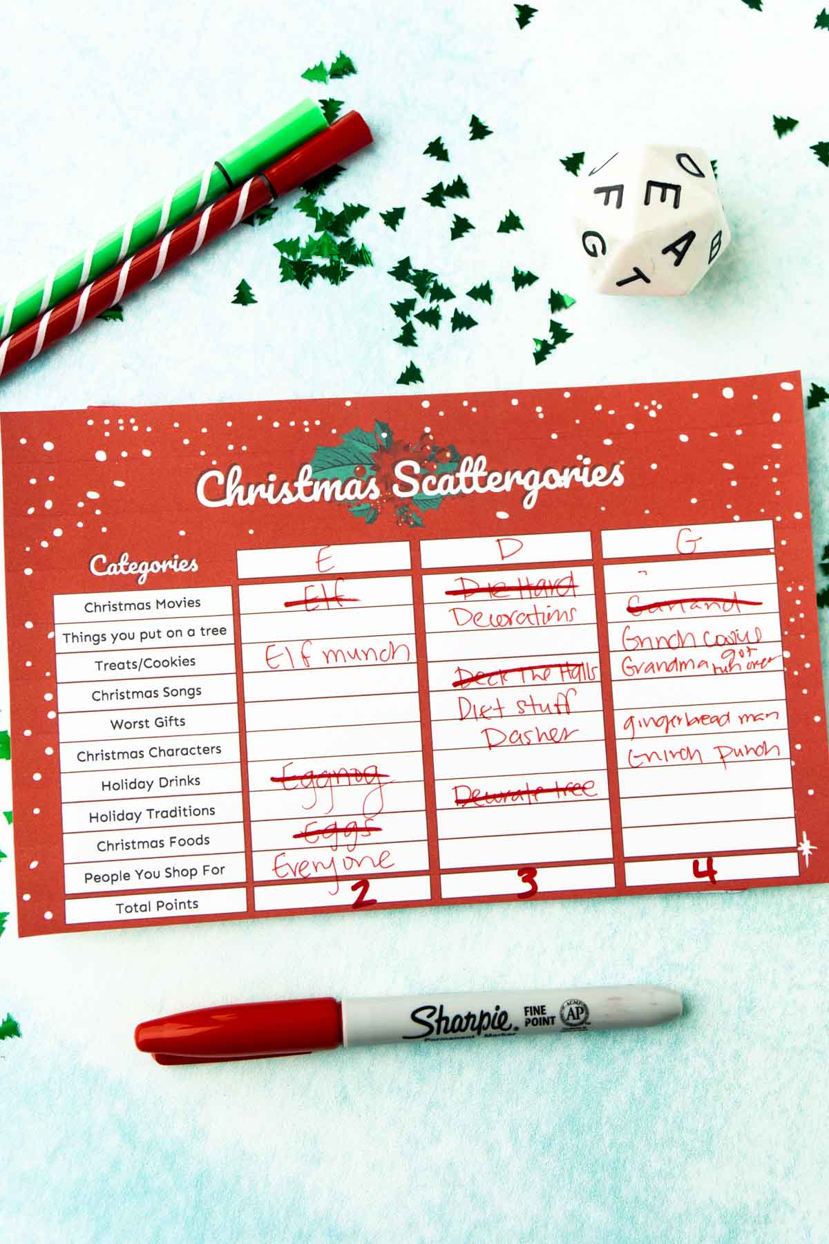 Scored Christmas scattergories card