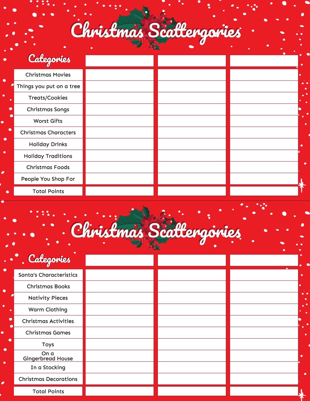 Christmas Scattergories cards