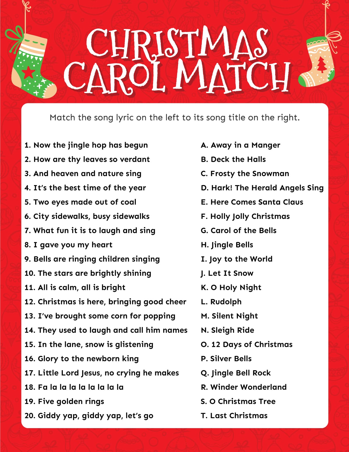 Full sheet Christmas carol game 