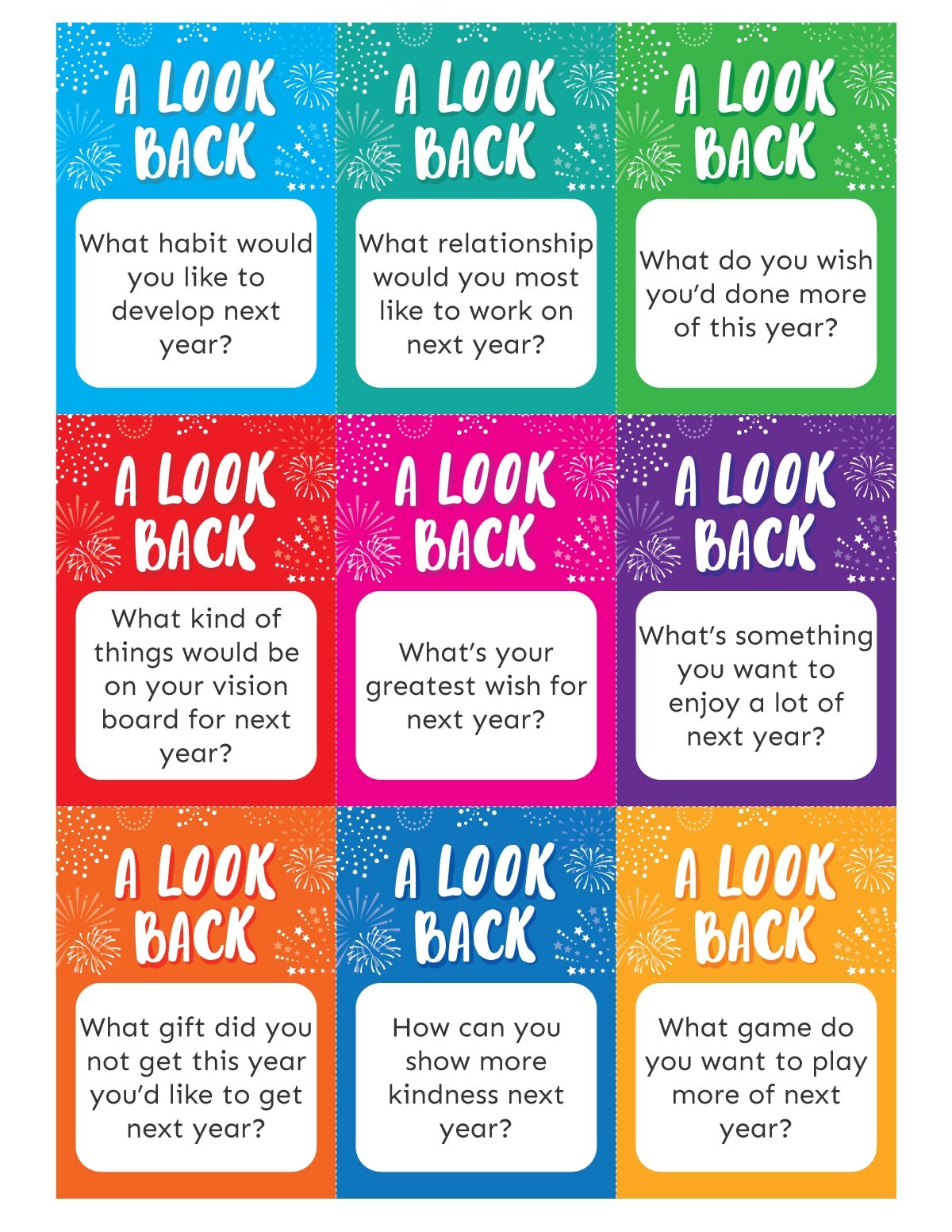 New Year question cards to think about next year