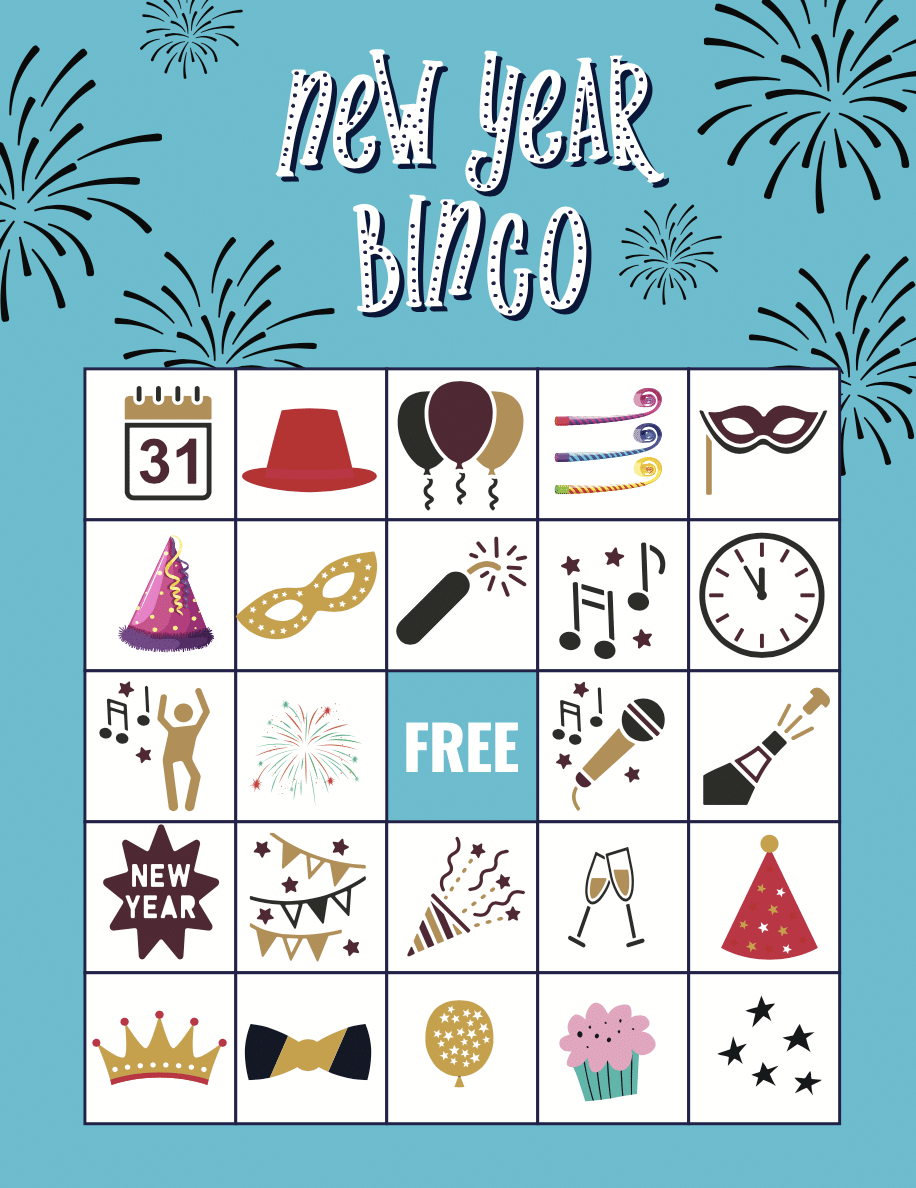 Blue new years eve bingo card