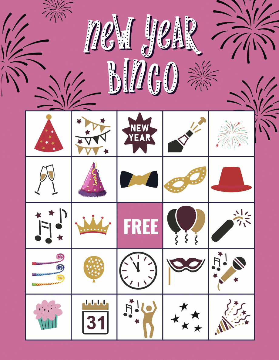 Pink New Year's Eve bingo card
