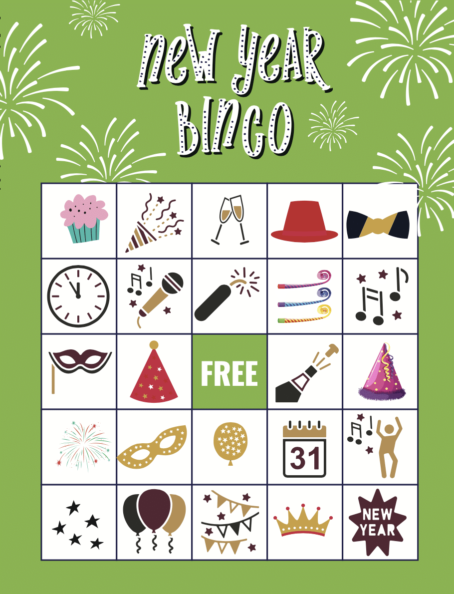 green new years eve bingo card