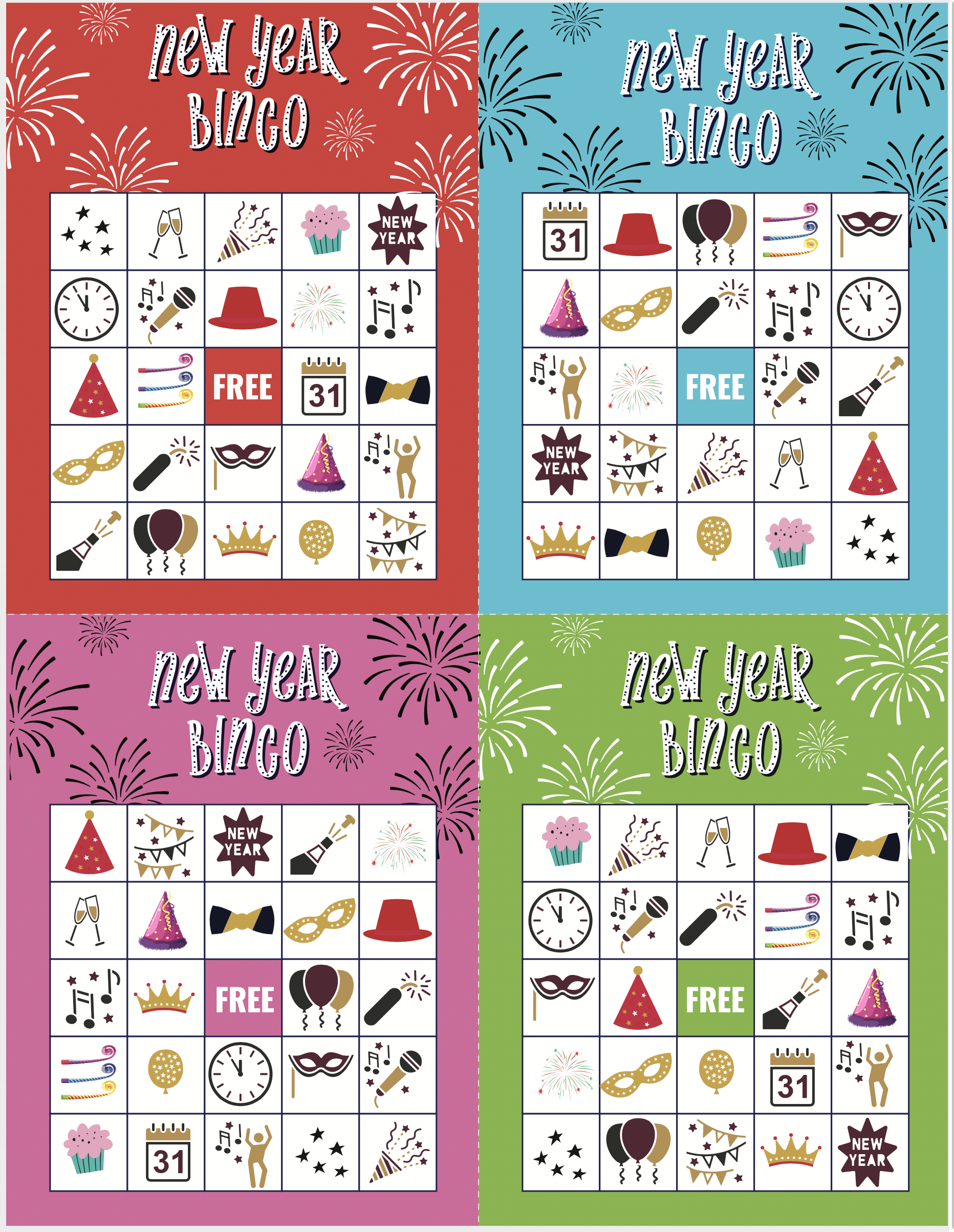 Four New Year's Eve bingo cards