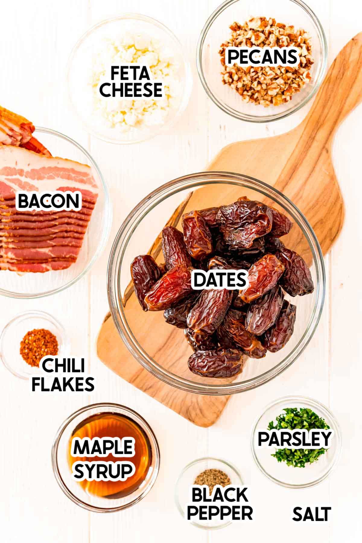 ingredients to make bacon wrapped dates with labels