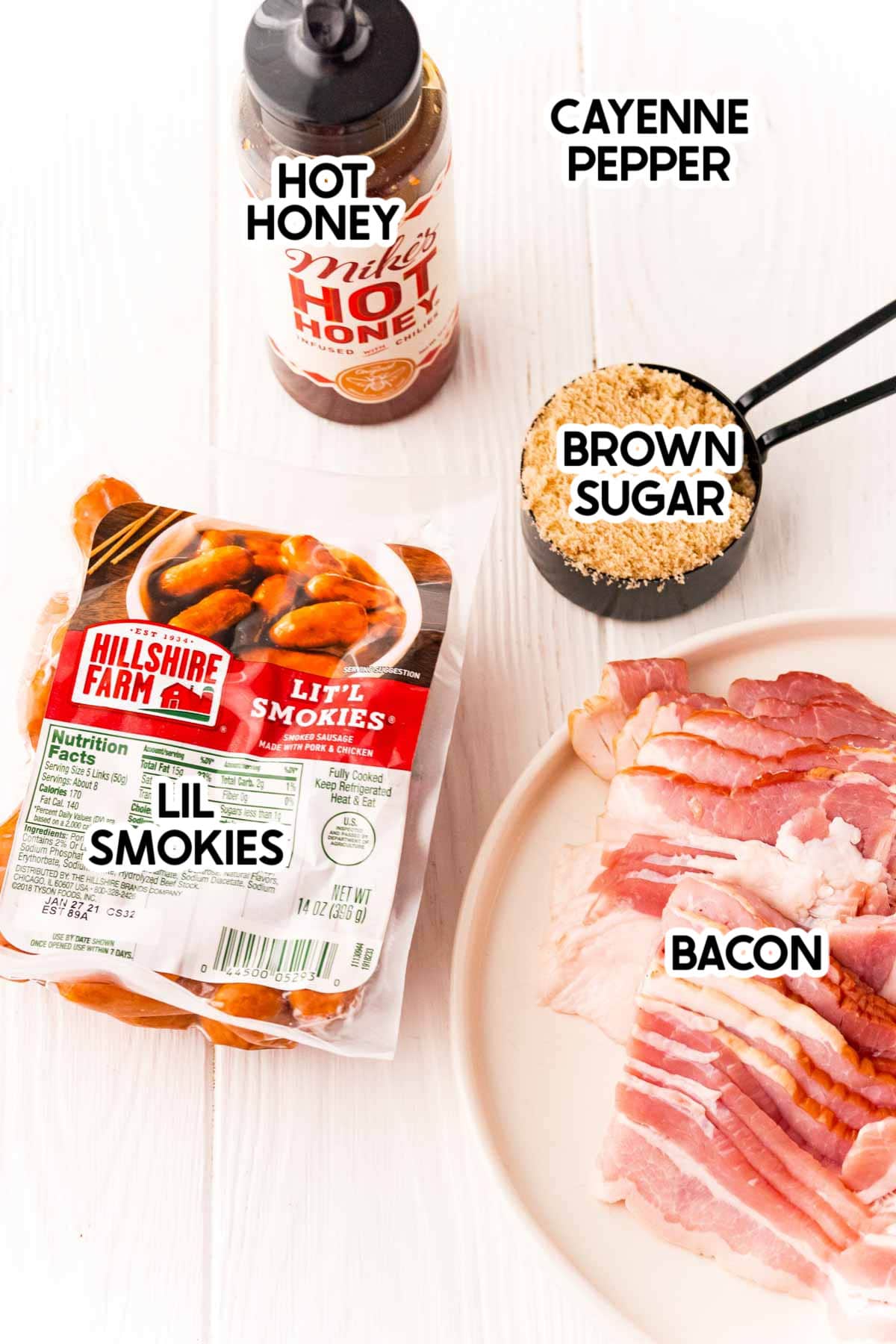 Ingredients needed to make bacon wrapped smokies with labels