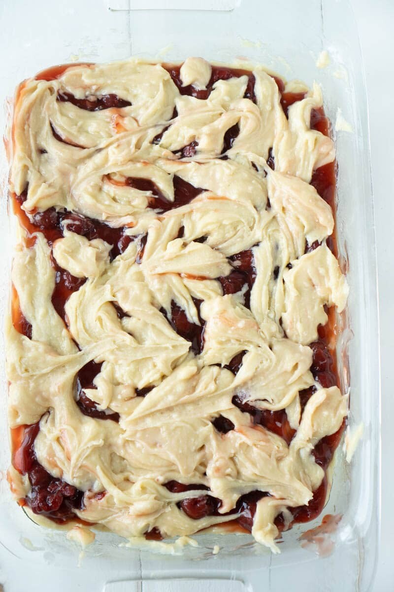 cherry cake batter on top of pie filling
