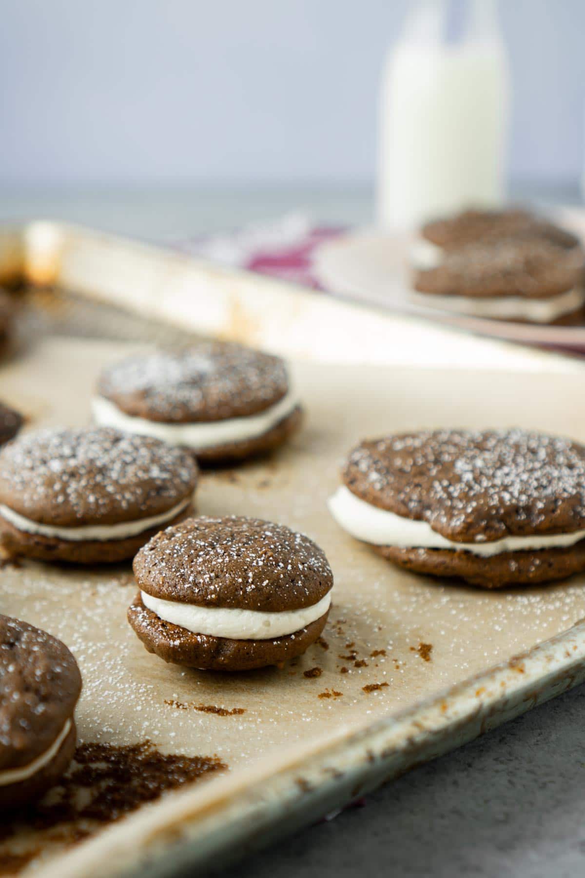 Chocolate whoopied pies on a baking sheet