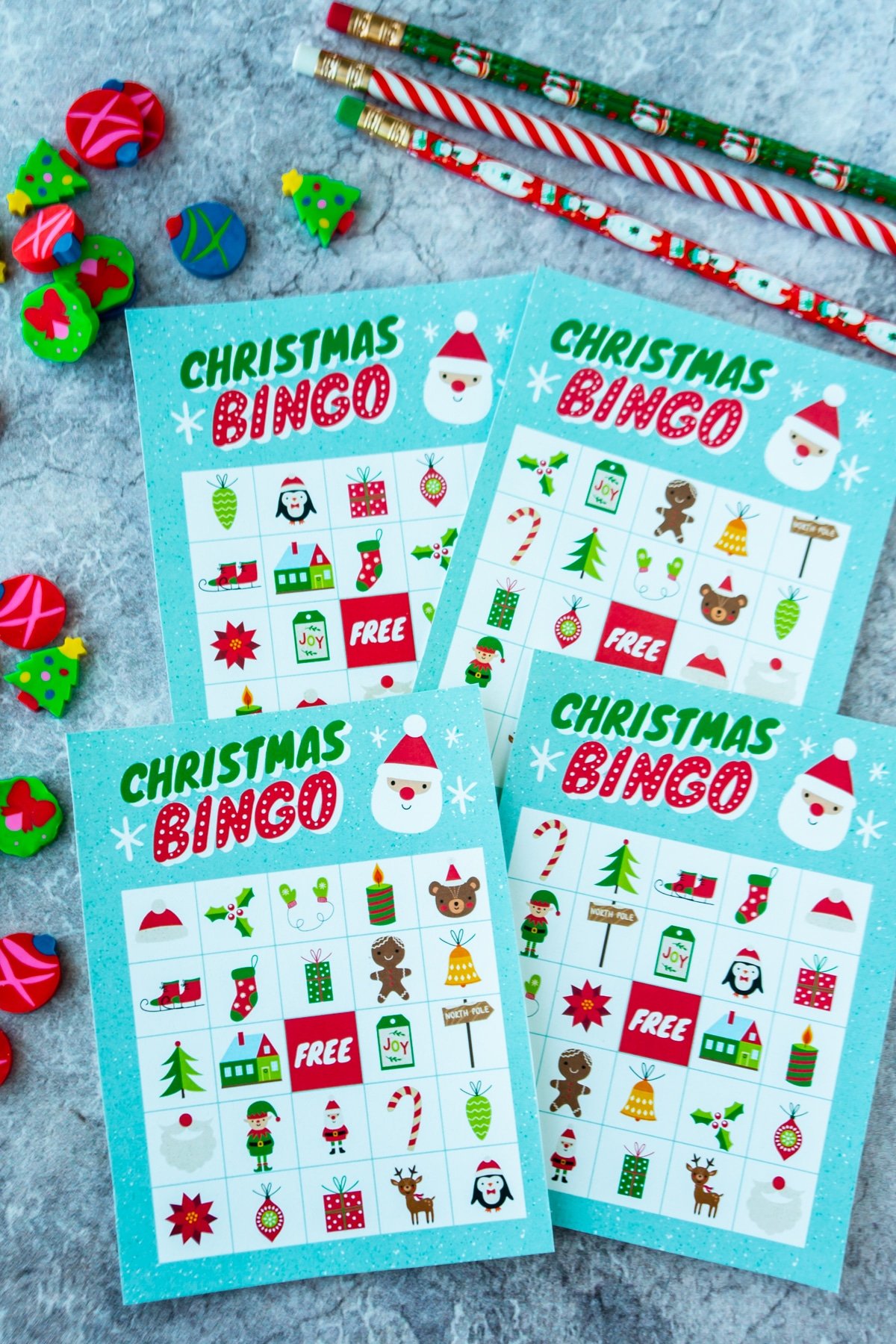 Christmas bingo cards with Christmas erasers around