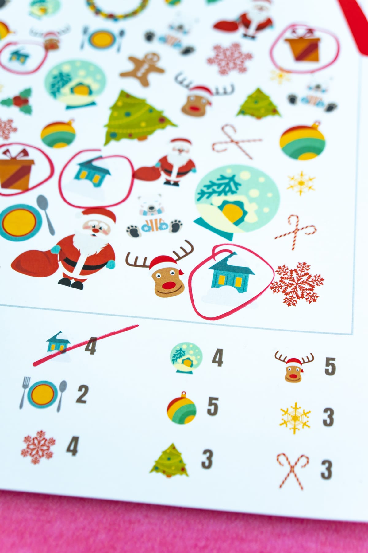 Christmas i-spy game with items circled in the picture