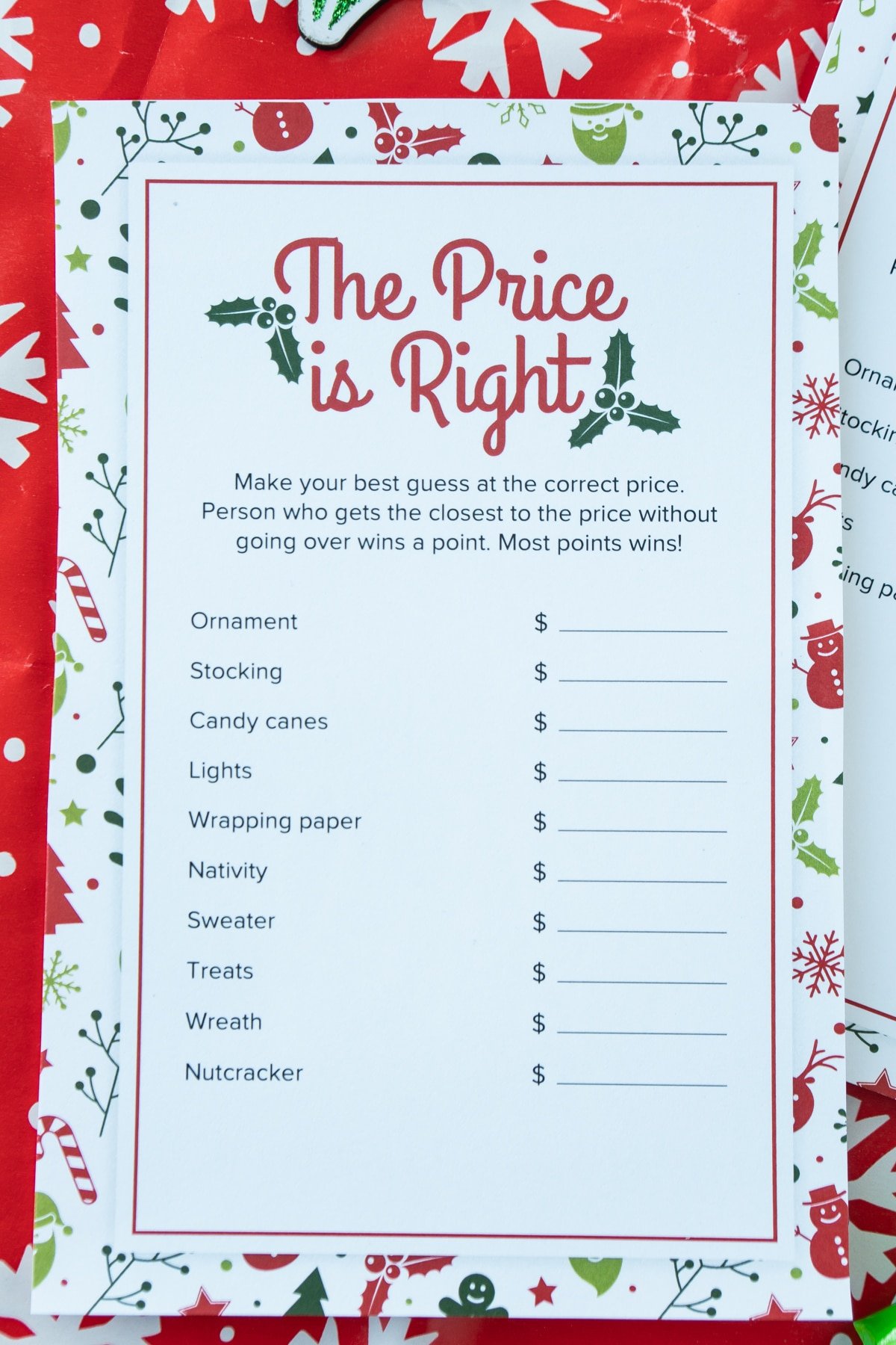 Printed out Christmas price is right game