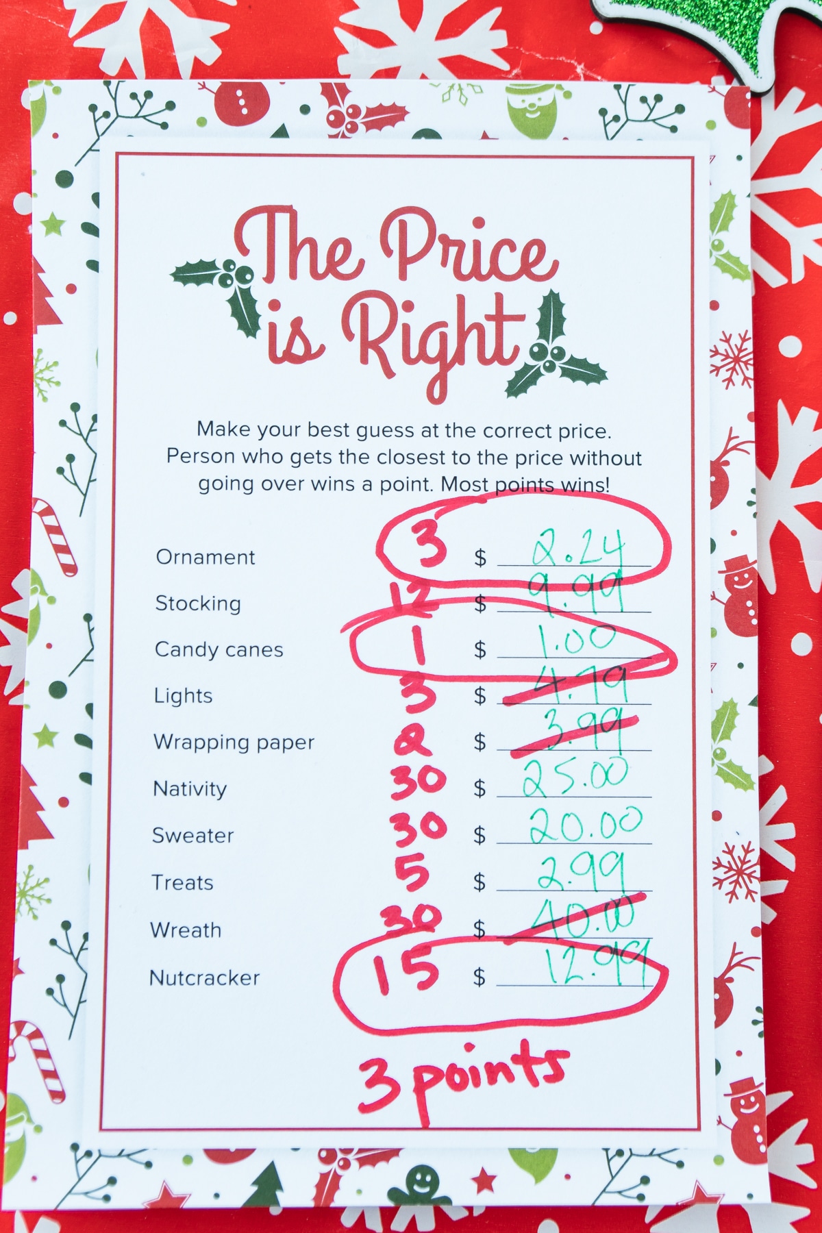 Christmas price is right game with questions circled
