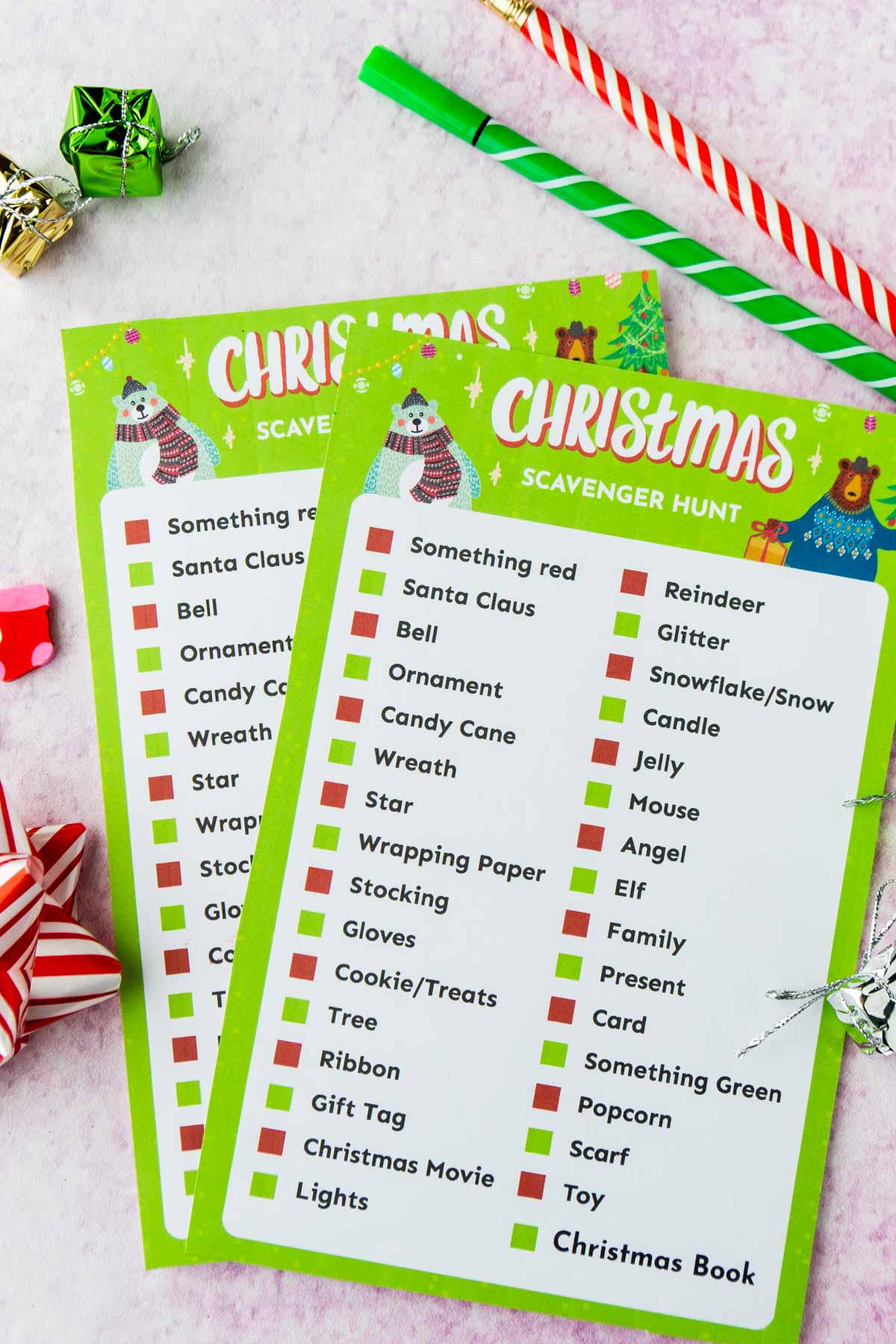 Printed out Christmas scavenger hunt for kids