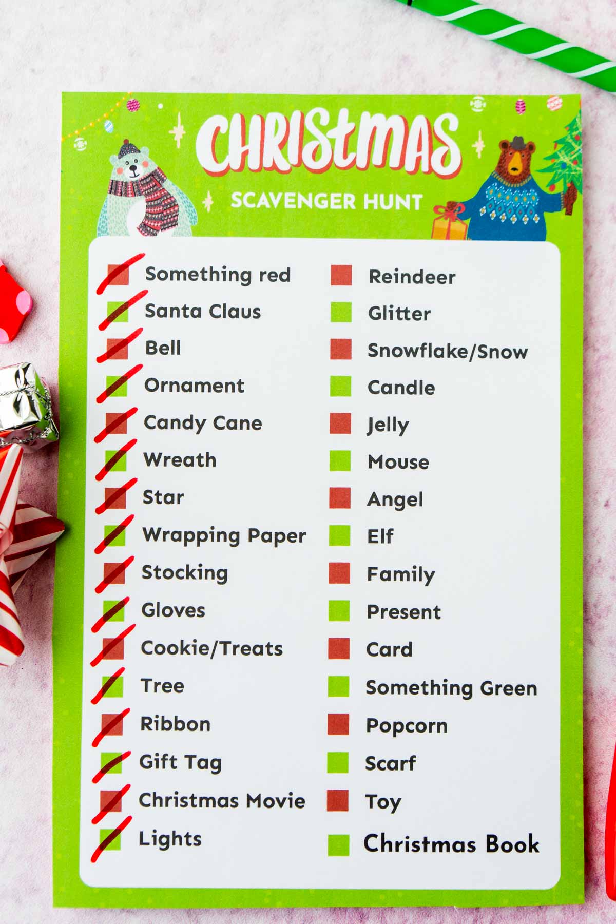 Christmas scavenger hunt with items checked off