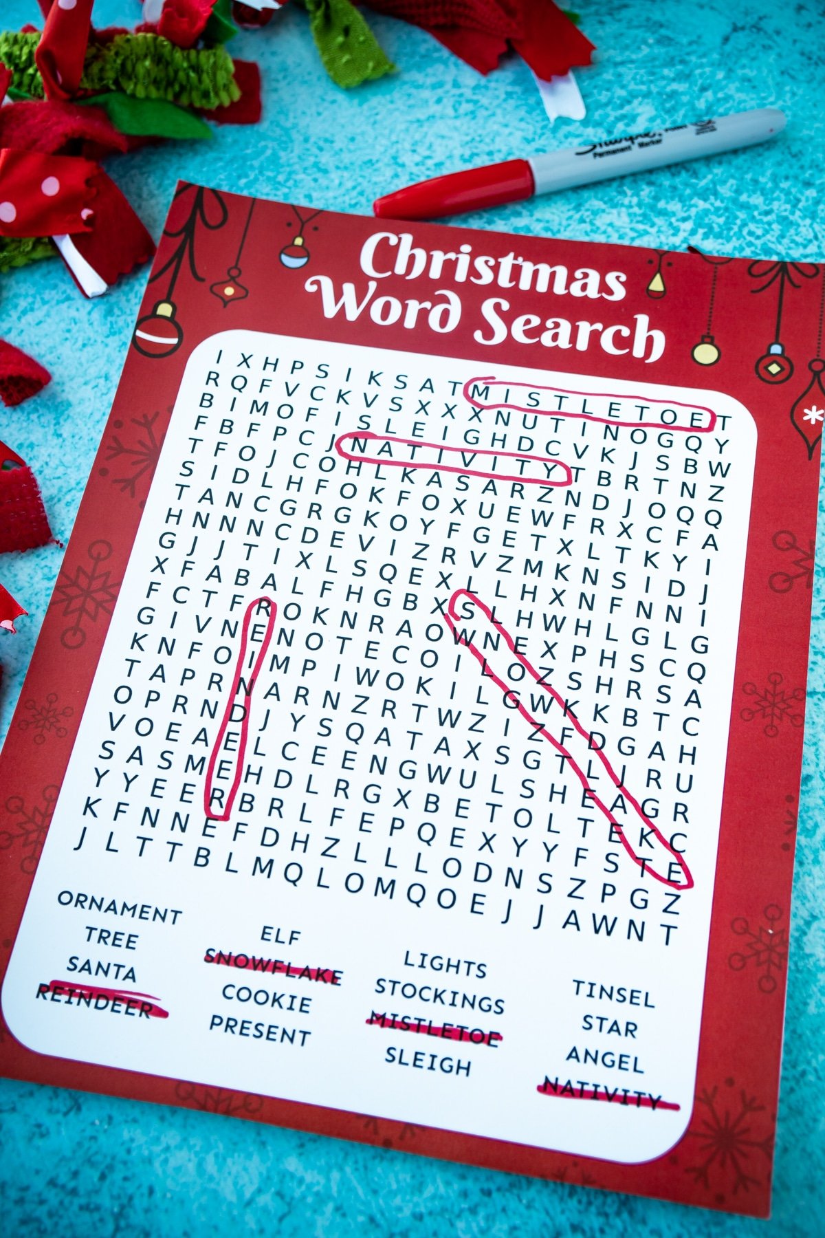 Christmas word search on a blue background