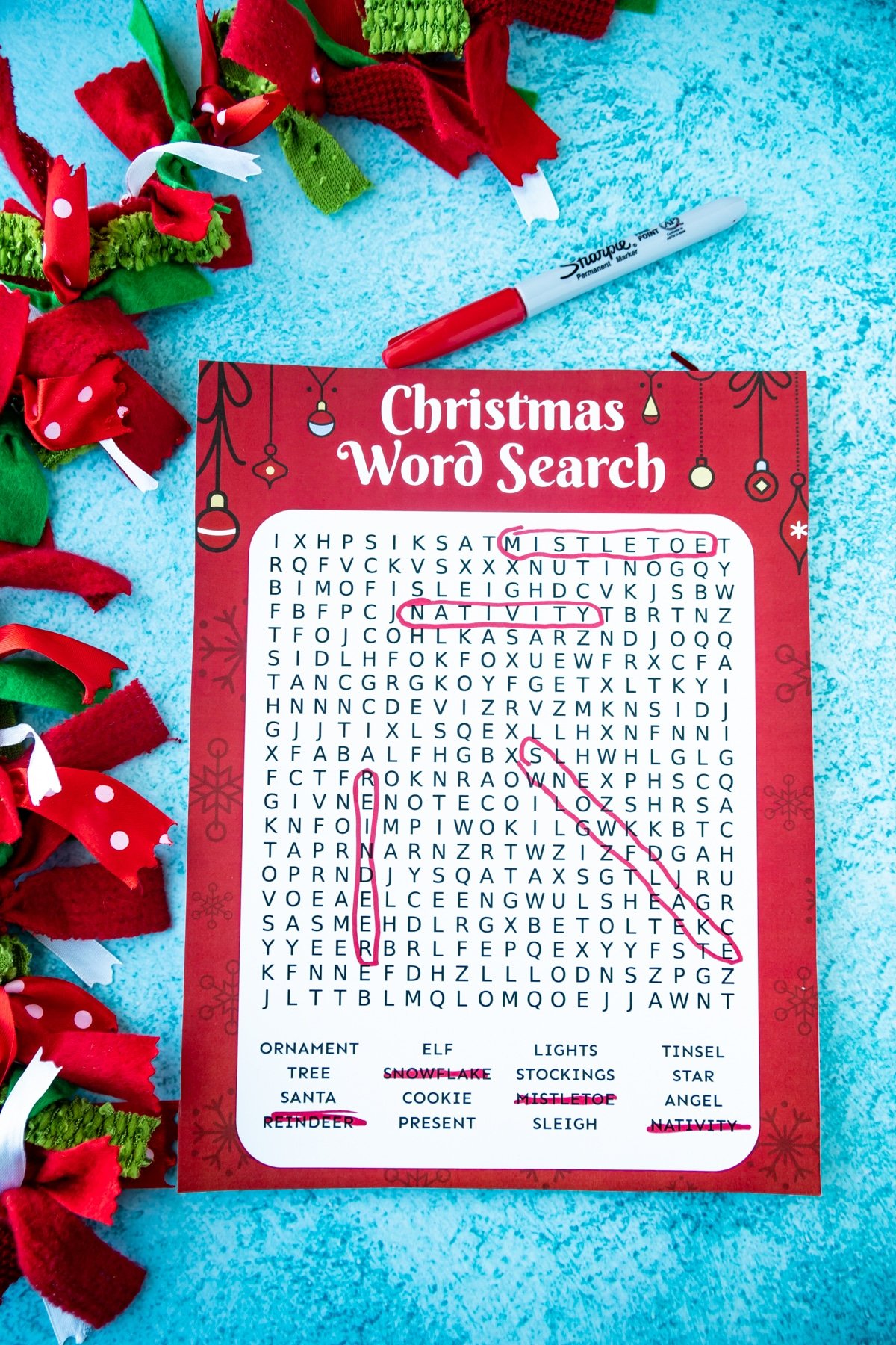 Christmas word search with words circled