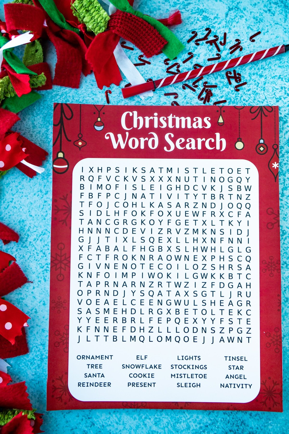 Christmas word search on a blue background