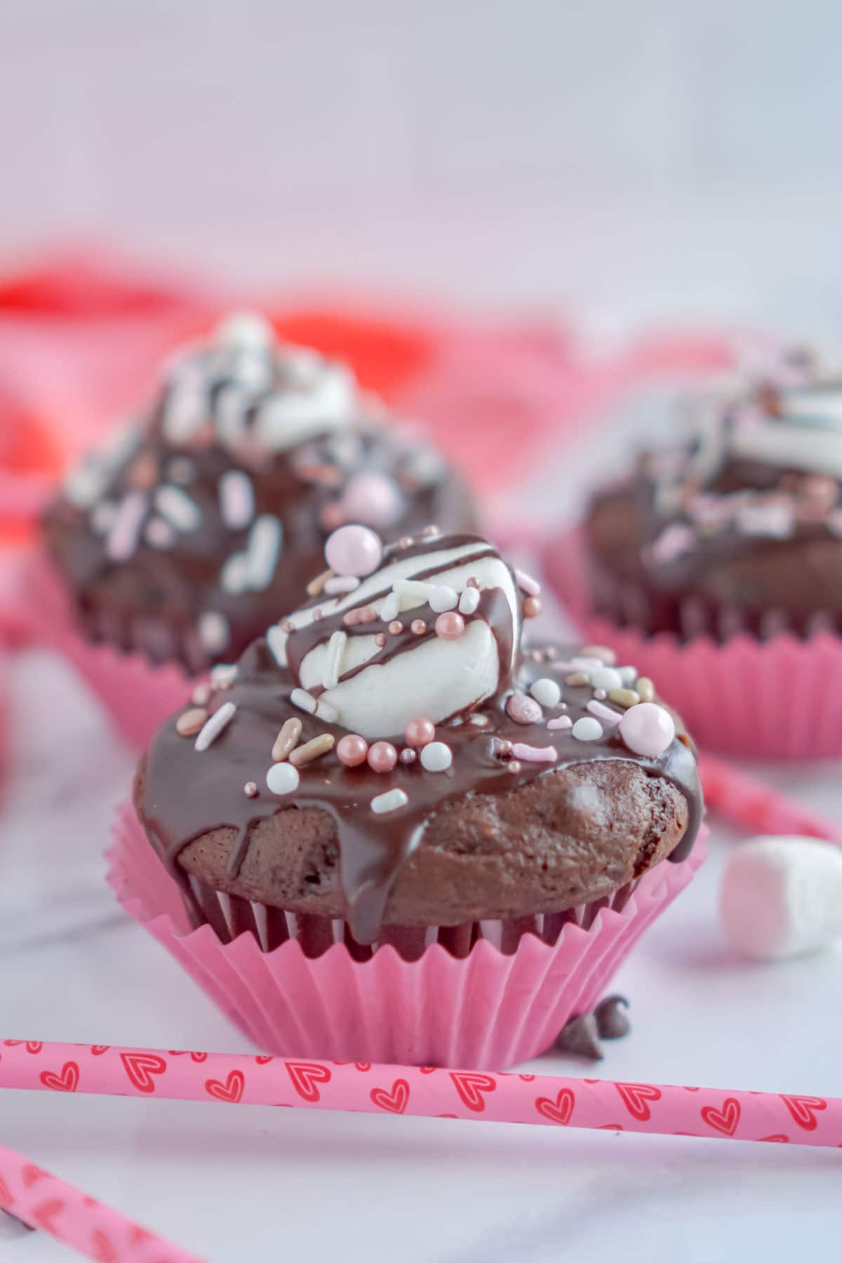 Hot chocolate cupcakes decorated for valentine's day