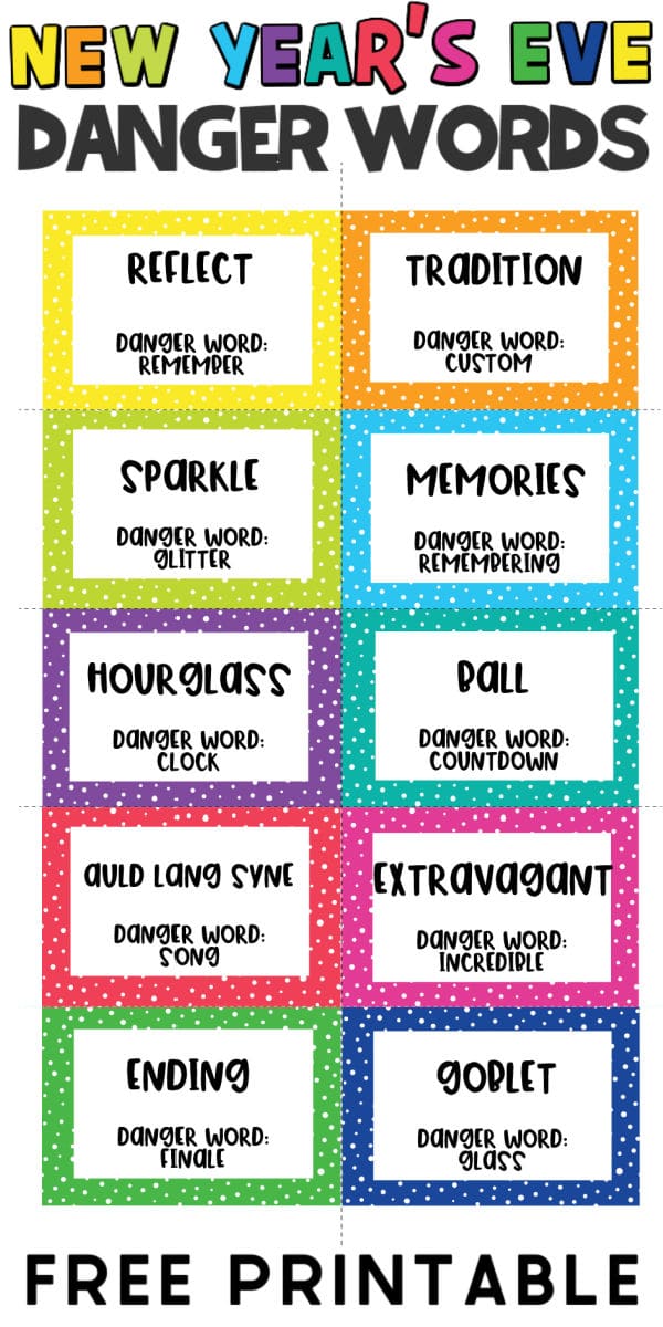New Year's Eve danger words cards