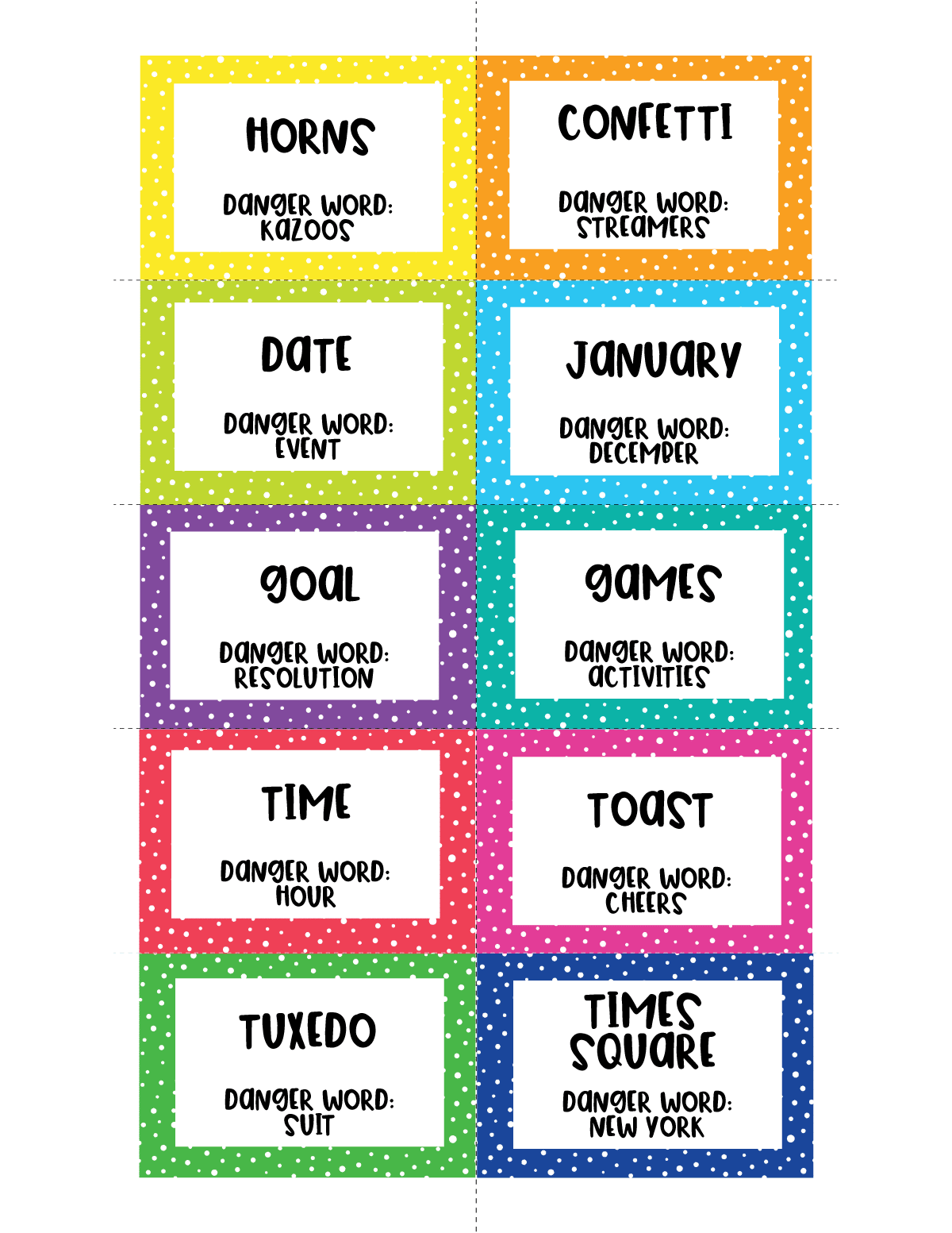 Ten New Year's Eve danger word cards