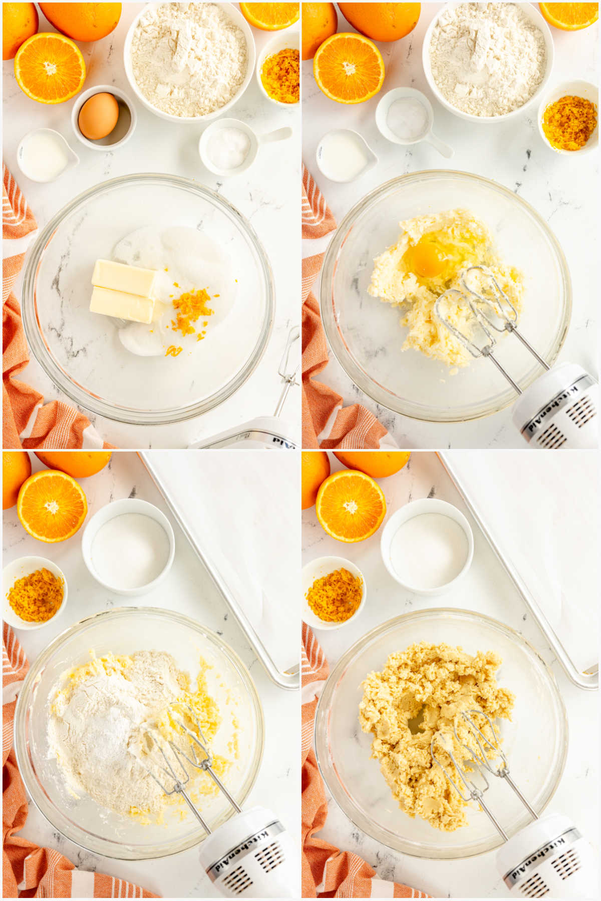 keturių vaizdų koliažas, rodantis, kaip gaminama oranžinio cukraus sausainių tešla