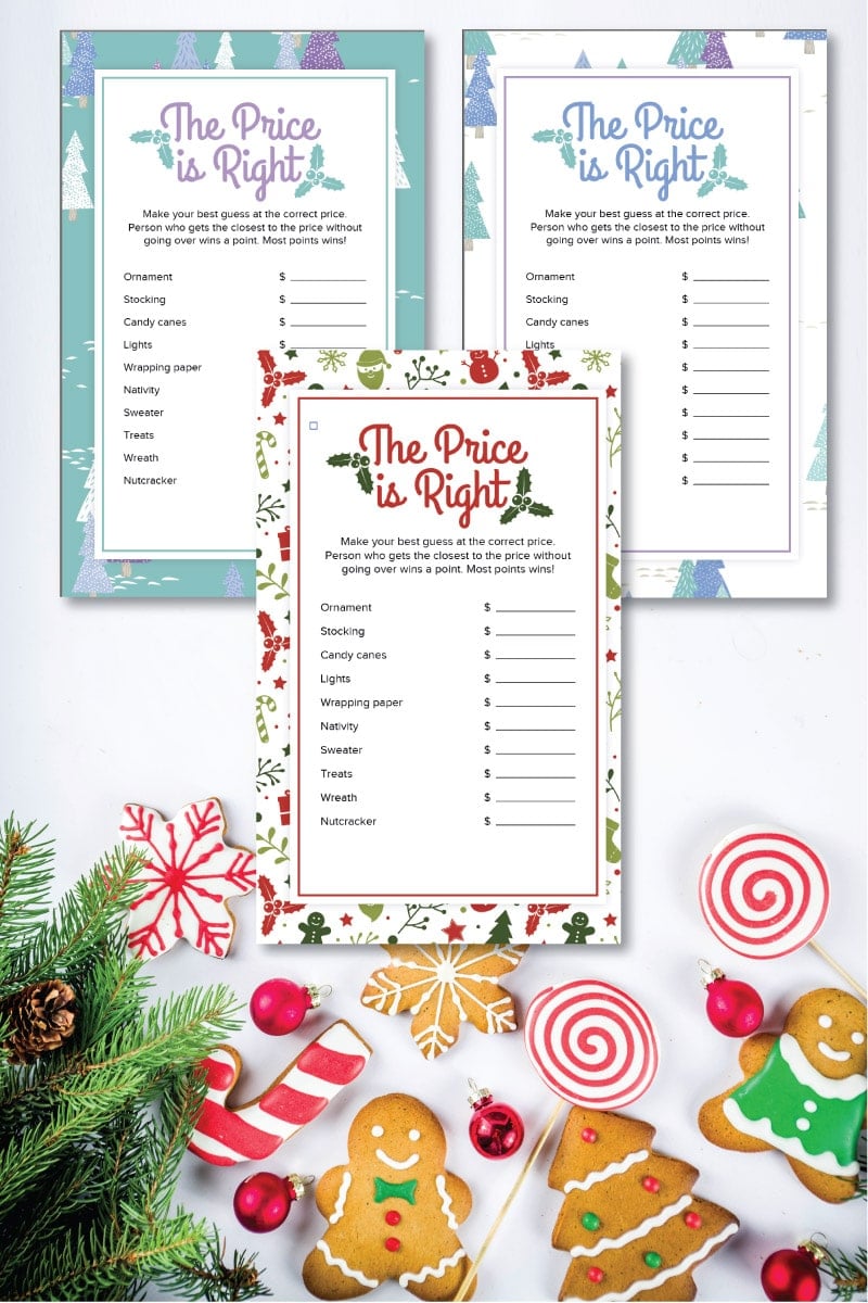 Three printed out Christmas price is right game options