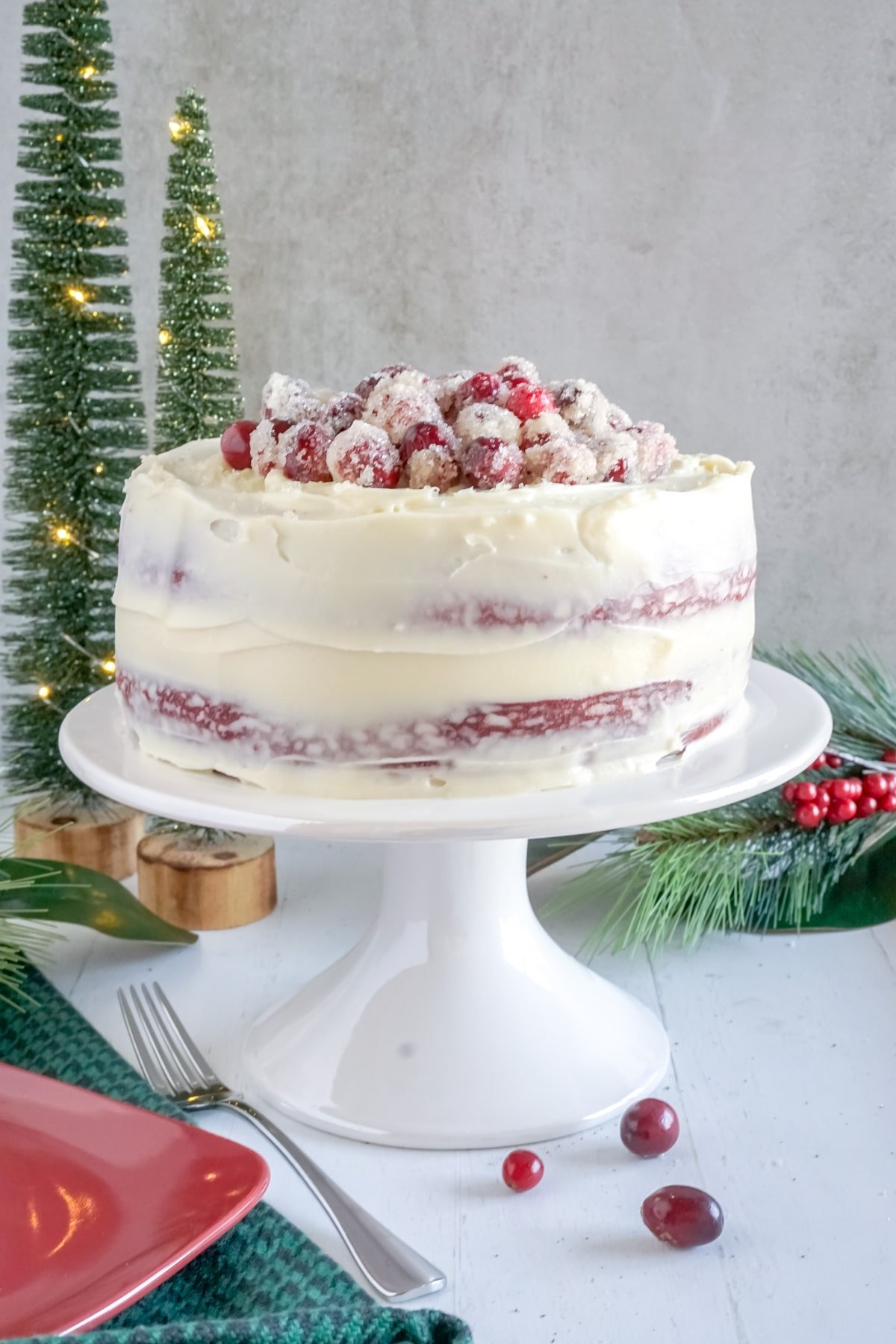 red velvet cake with sugared cranberries