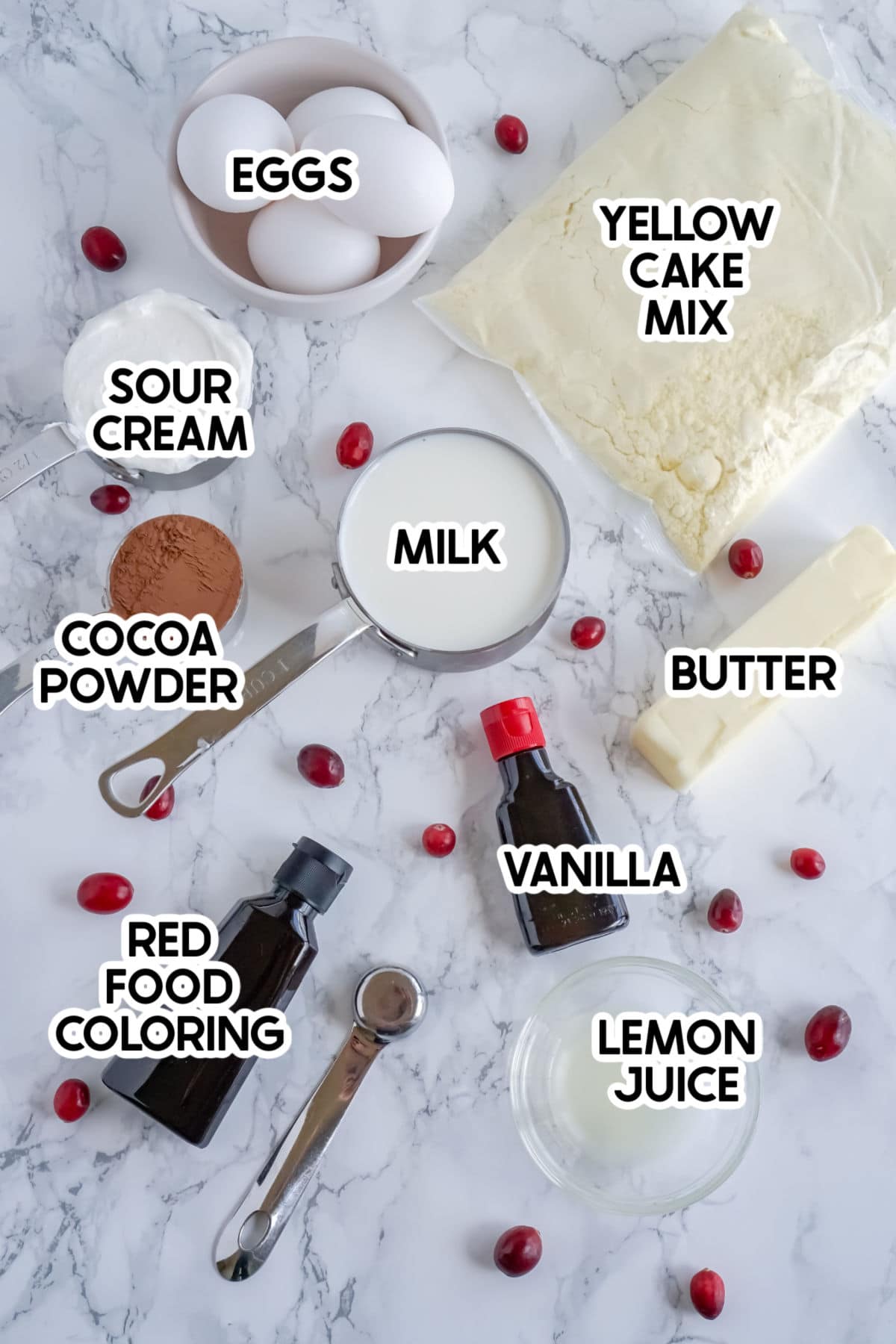 Ingredients to make red velvet cake with labels