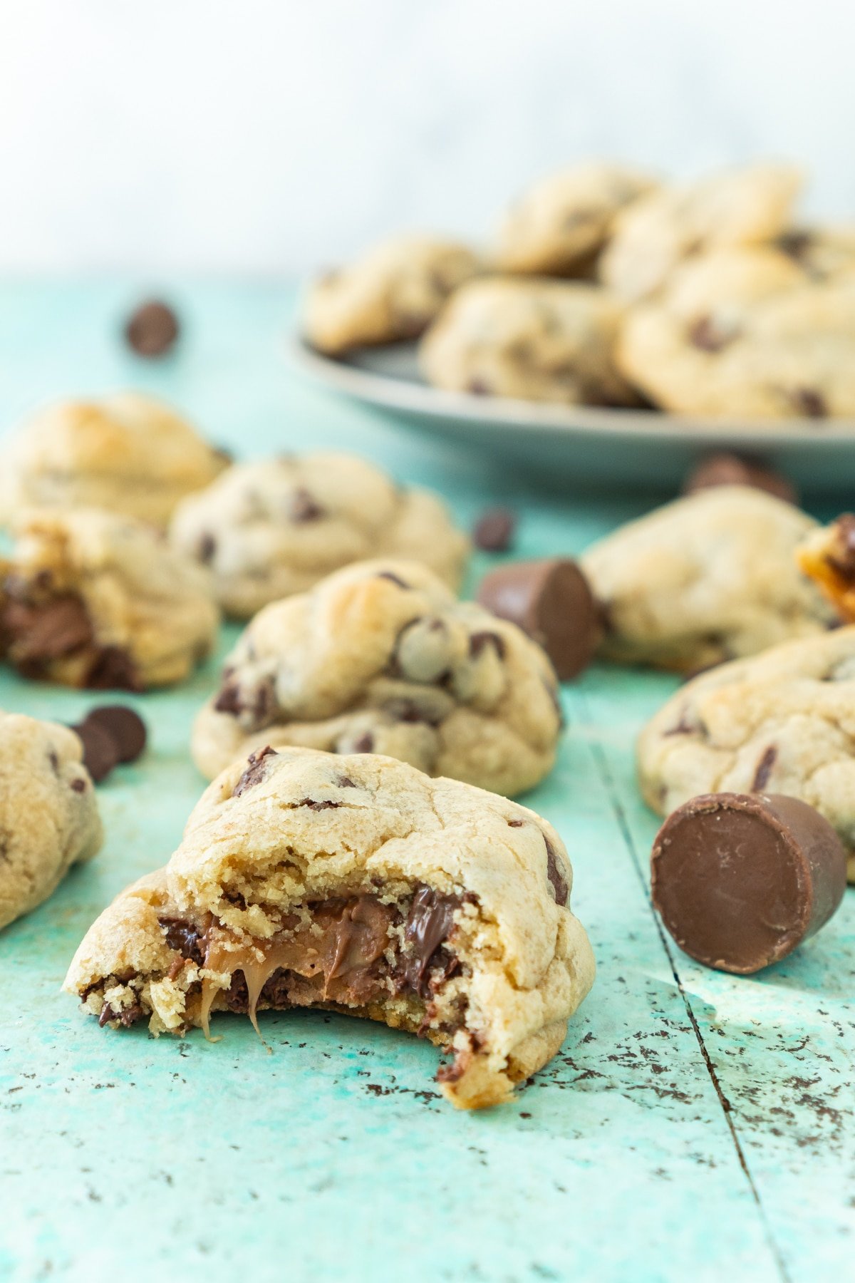 rolo cookies on a turquoise wood board