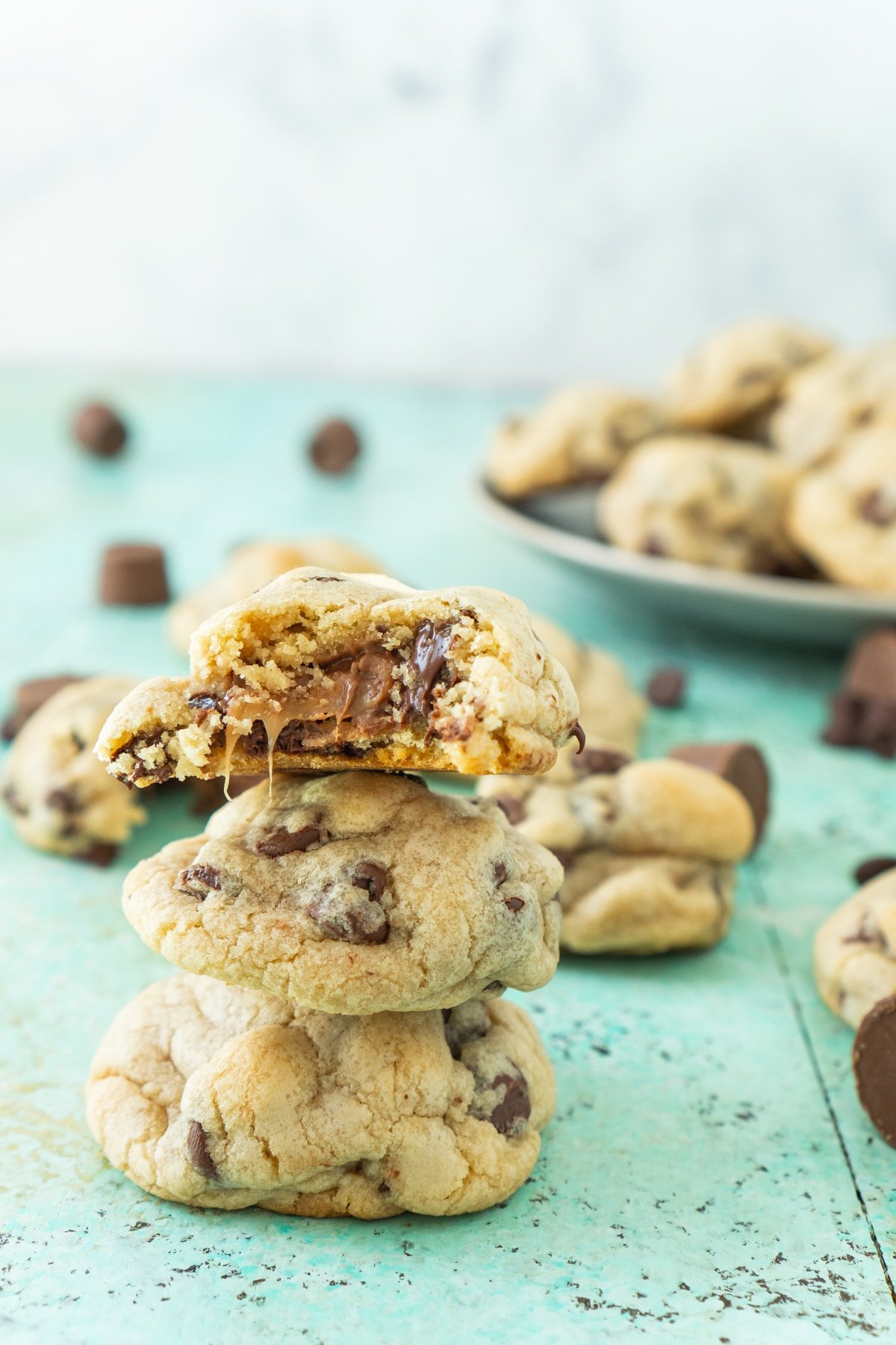 Stack of three rolo cookies in a pile