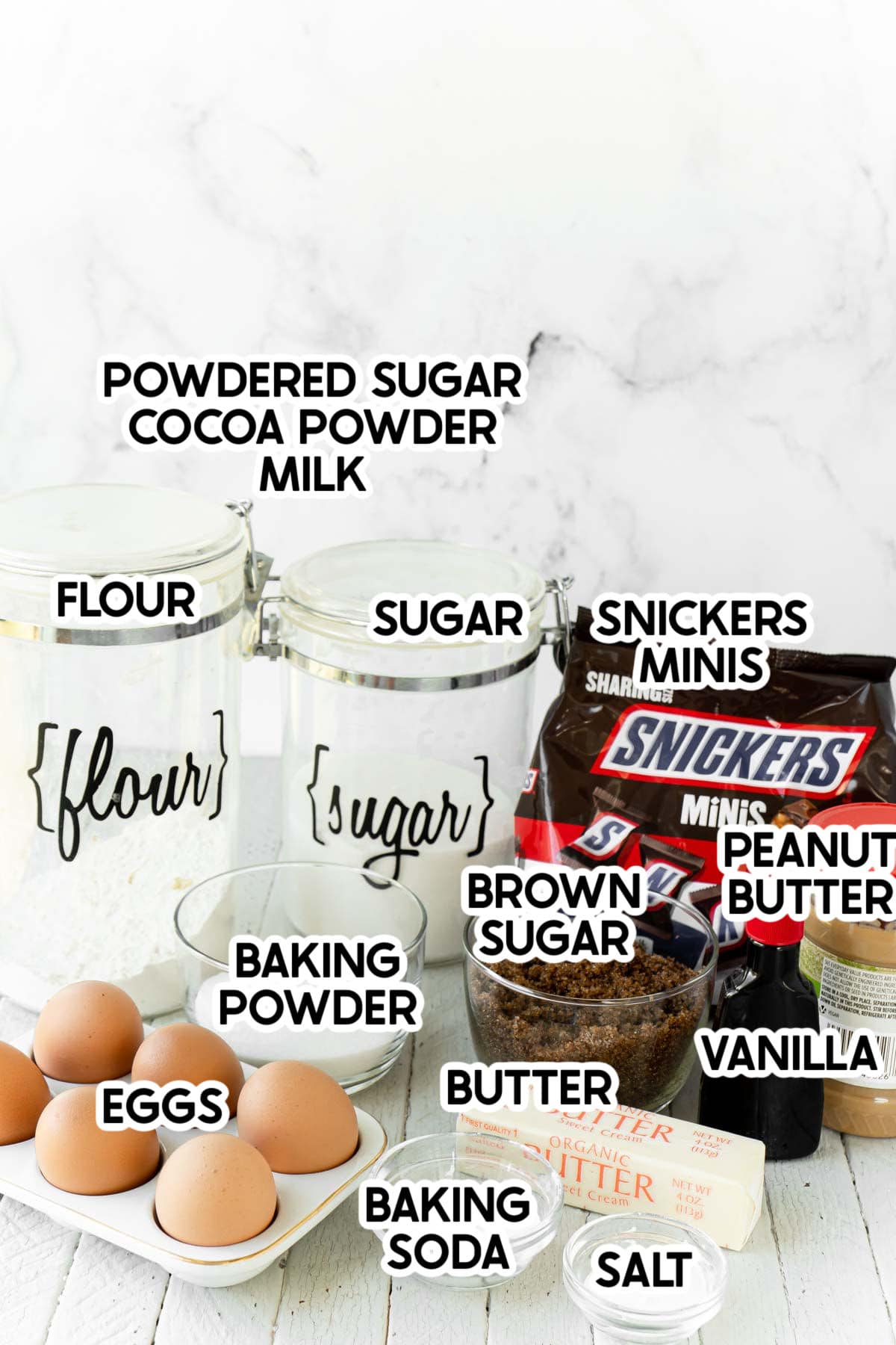 Ingredients to make Snicker cookies with labels