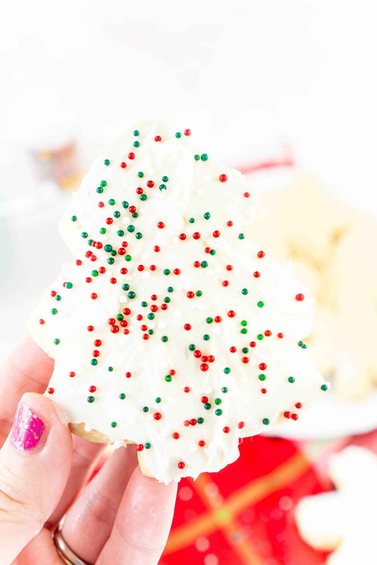Woman's hand holding a Christmas cut out sugar cookie