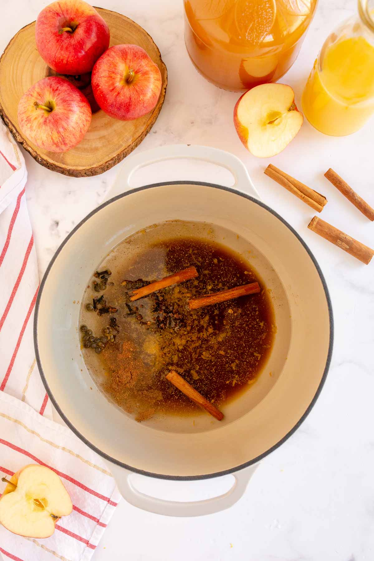 Spices combined with water in a dutch oven