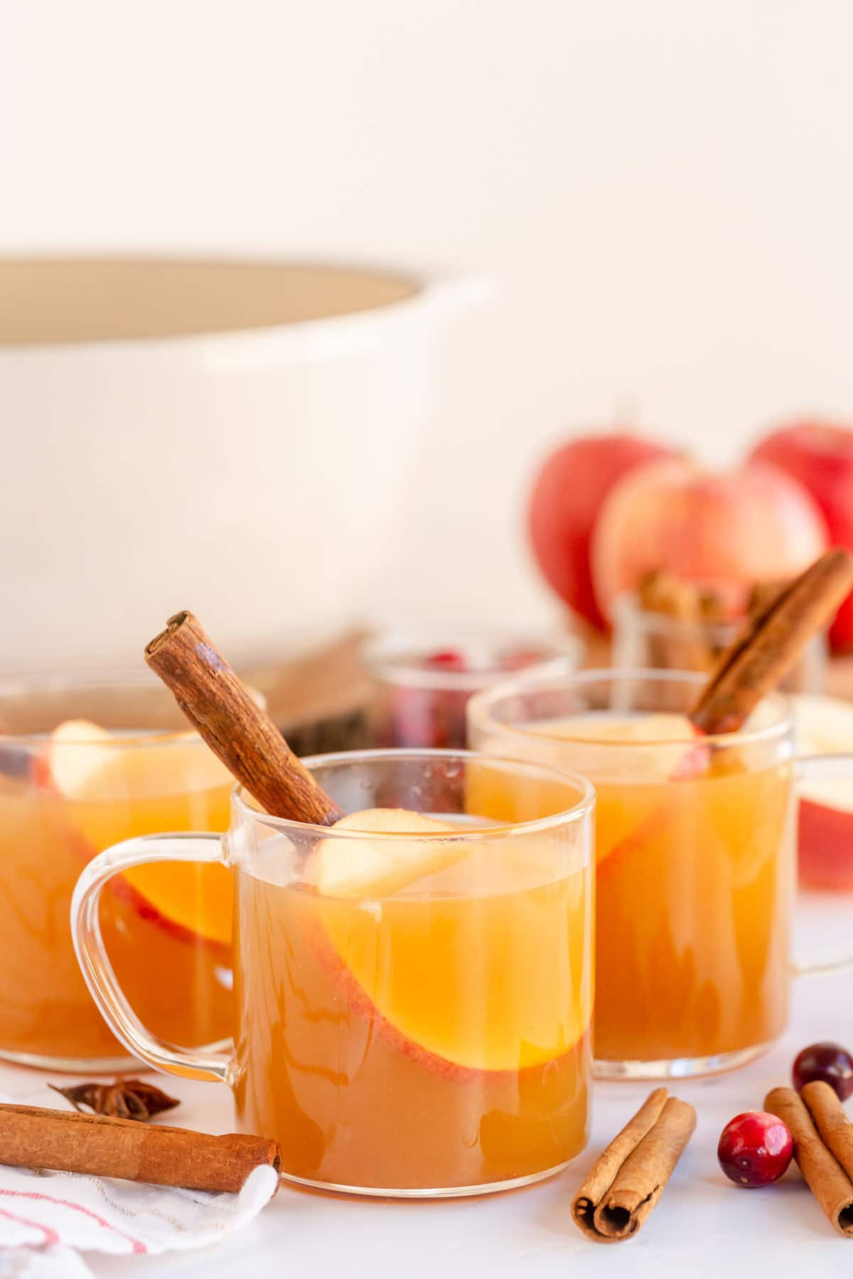 Glass mugs with spiced apple cider