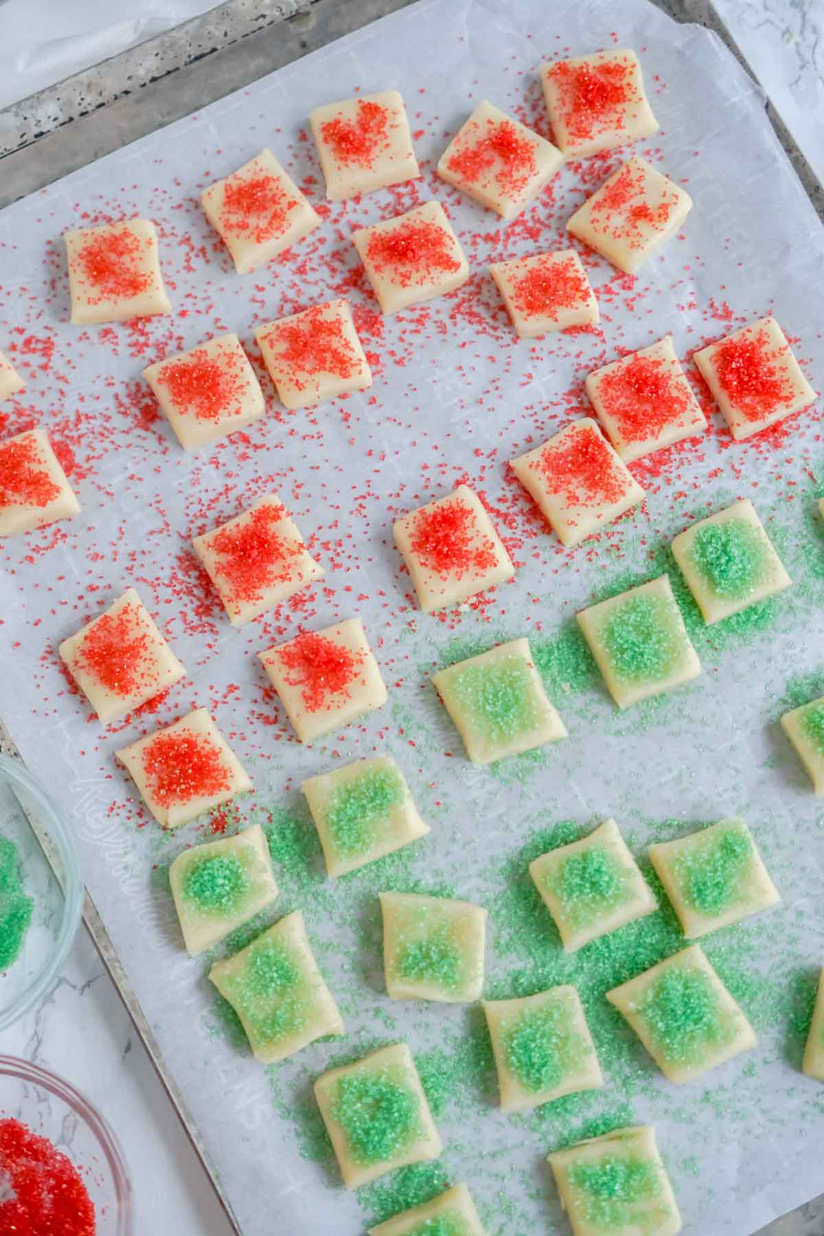 baking sheet full of Christmas sugar cookie bites