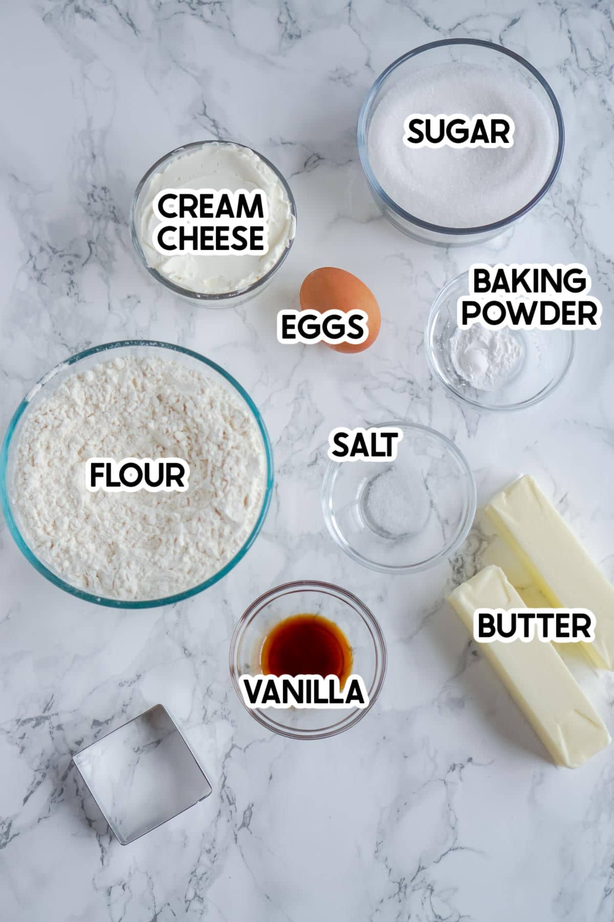 ingredients needed to make cream cheese sugar cookies with labels