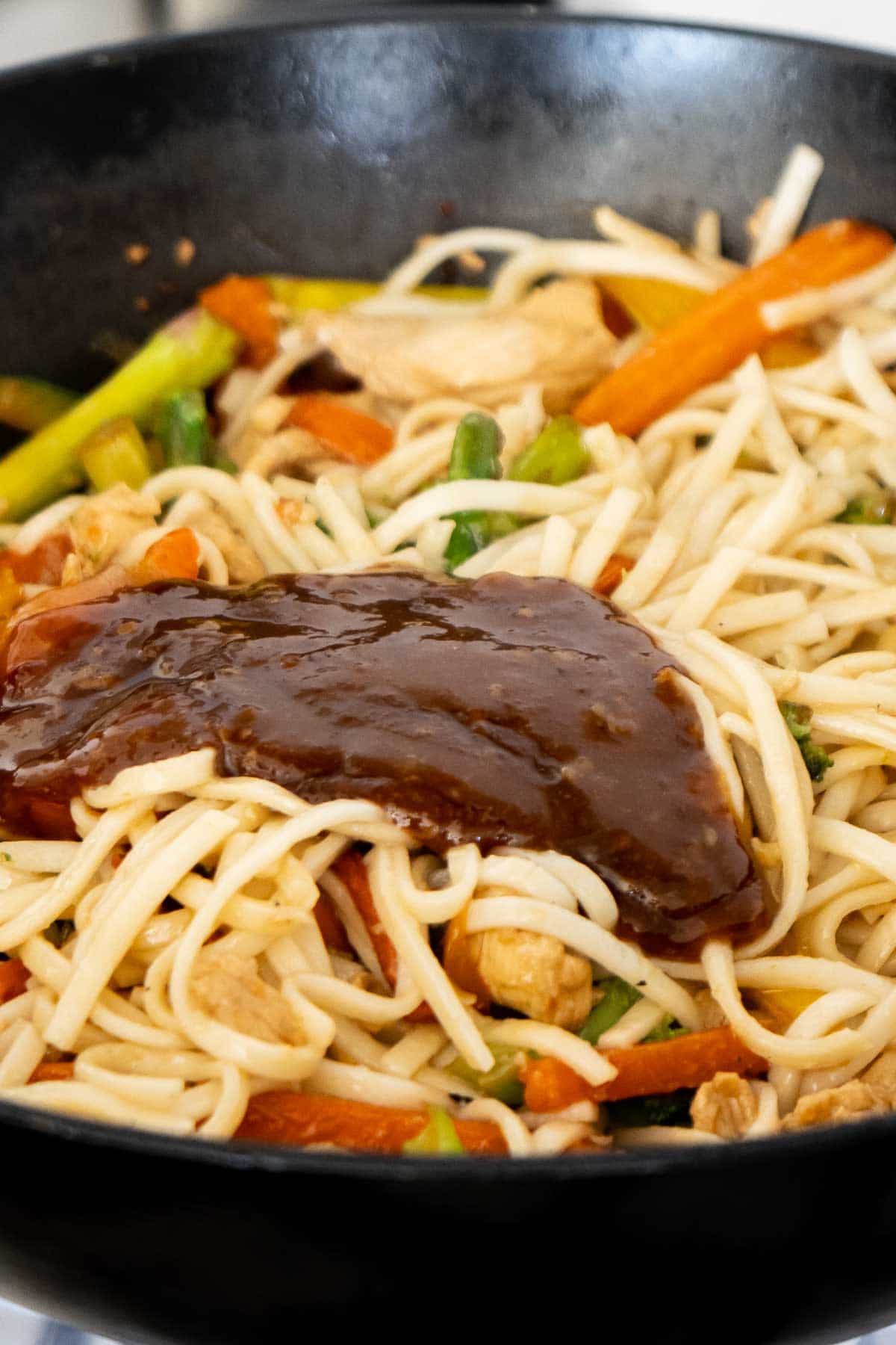 Teriyaki sauce in a teriyaki chicken stir fry